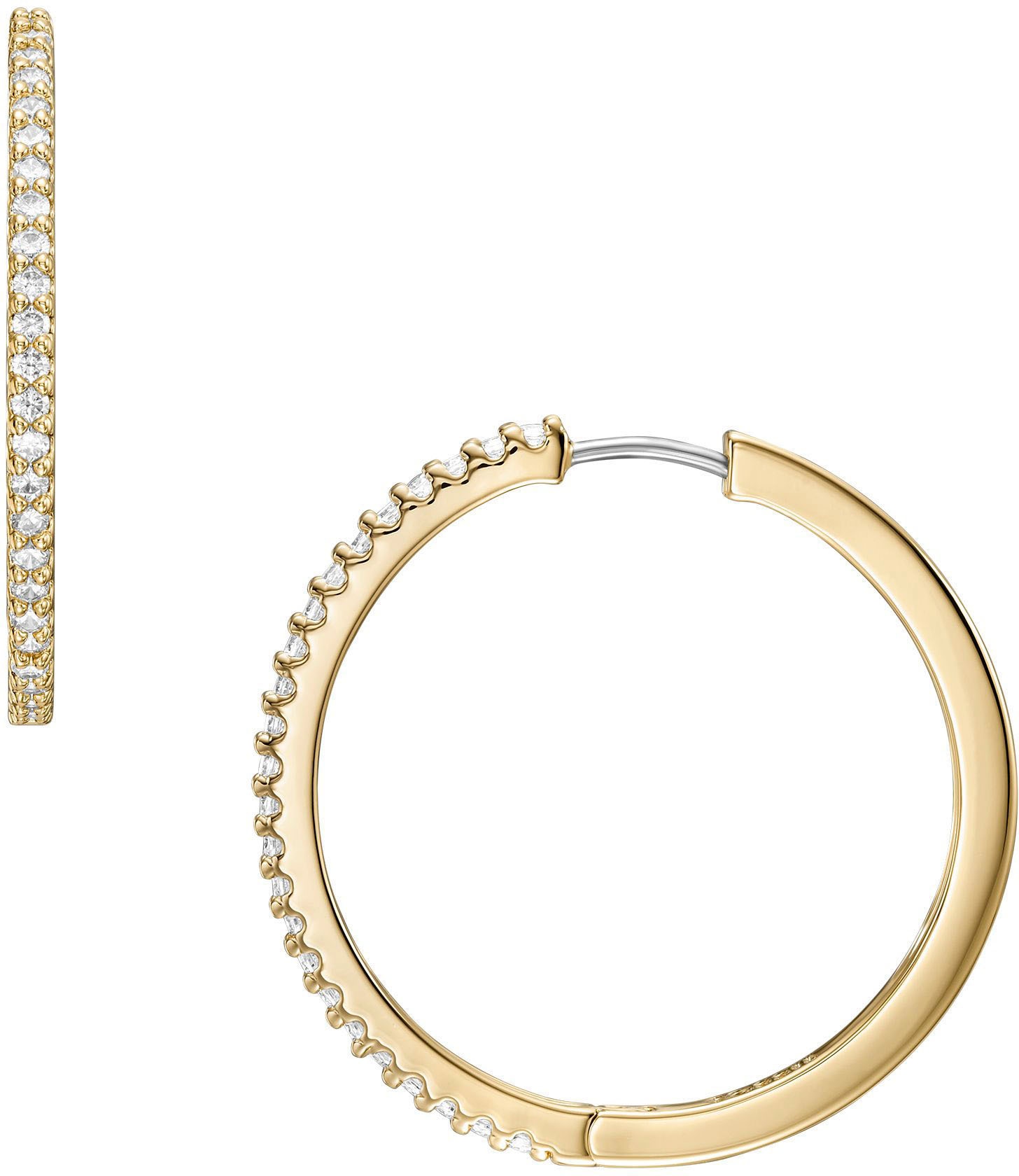 Paar Creolen FOSSIL "Schmuck Geschenk Metall Ohrringe Ellis", gelb (gelbgoldfarben, metallfarben, kristallweiß, kristallweiß), Ohrringe, Damen, 30mm, Metall, mit Zirkonia (synth.) 2