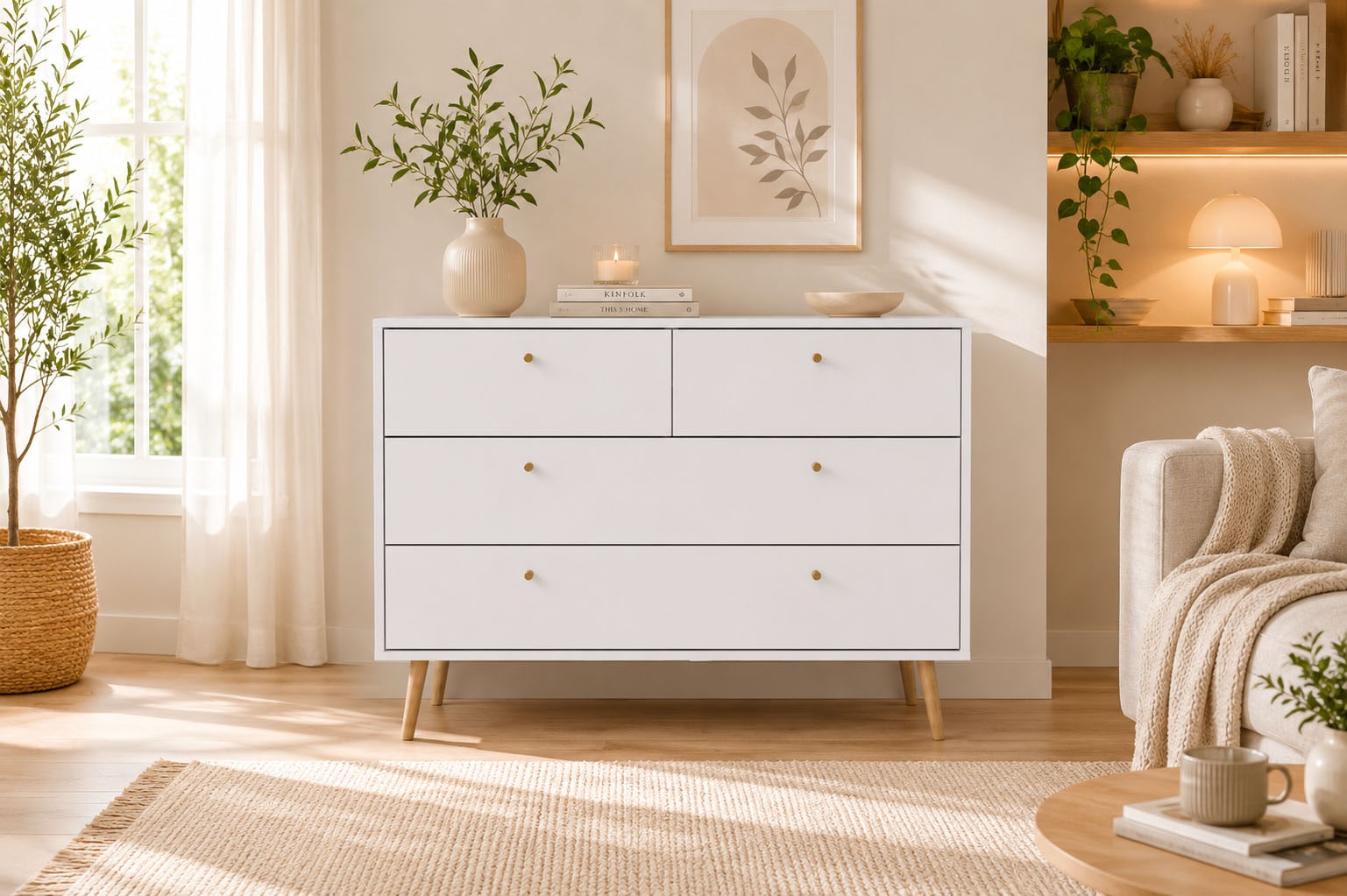 Home affaire Kommode "Bodo, Aufbewahrung, Schubladenschrank, Stauraum, modern, Breite 99 cm" 4 Schubladen, Weiß oder Schwarz, Beine und Griffe aus Echtholz