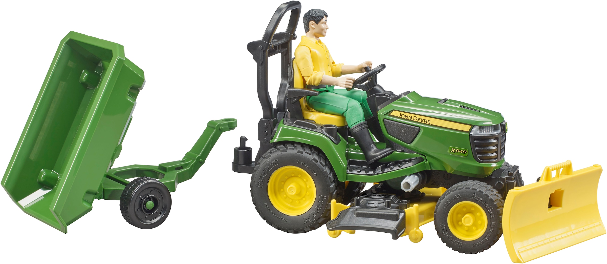 Bruder® Spielzeug-Traktor »bworld John Deere Aufsitzrasenmäher mit Anhänger und Gärtner (62104)«, Made in Europe