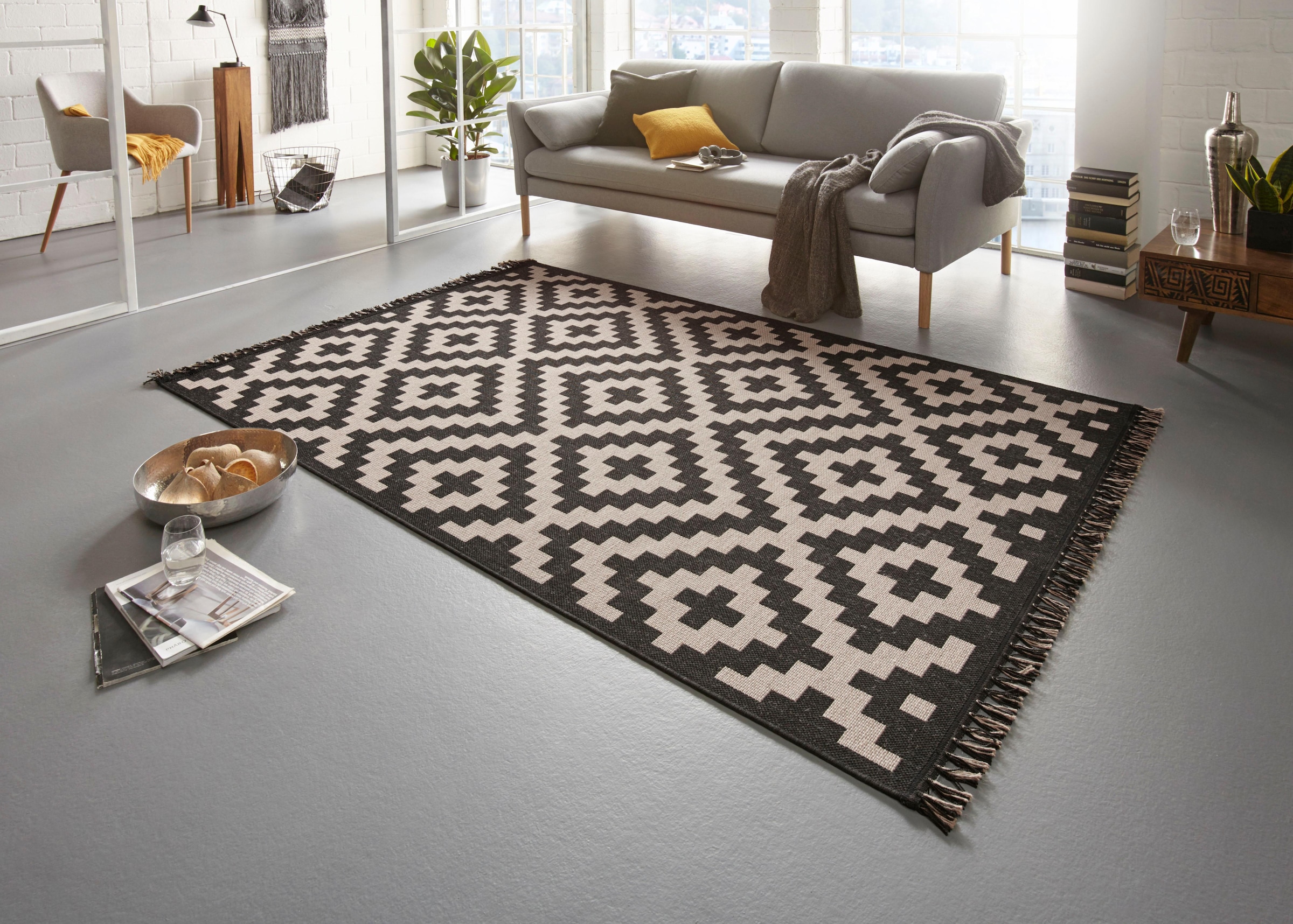 freundin Home Collection Teppich »Stockholm«, rechteckig, 3 mm Höhe, Flachgewebe, Handmade Look, Fransen, Naturoptik, Robust, Pflegeleicht
