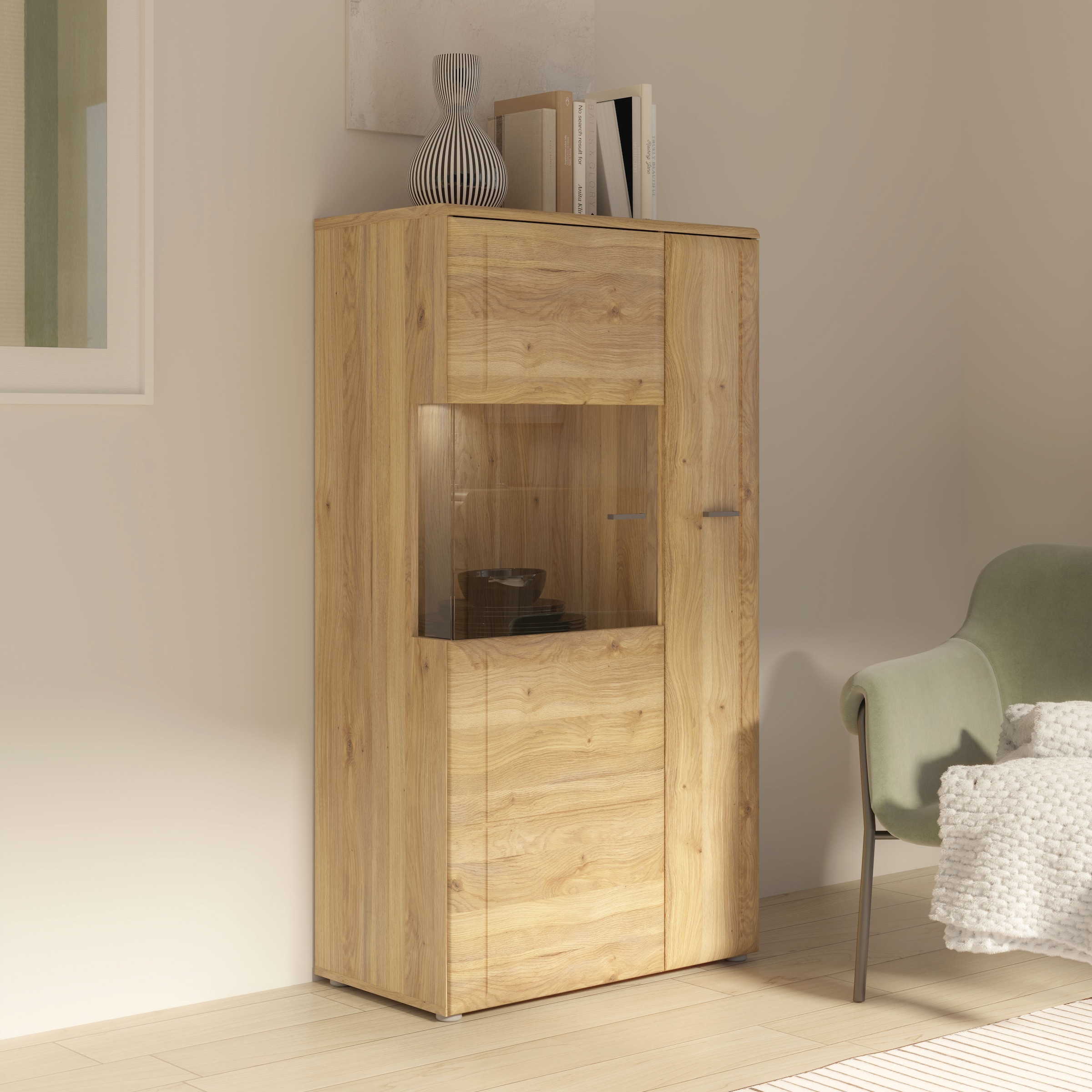 FORTE Vitrine »Akinori«, (B/H/T 75,1/140/41,8 cm), Highboardvitrine, Glastüre, Soft Close, MDF Front