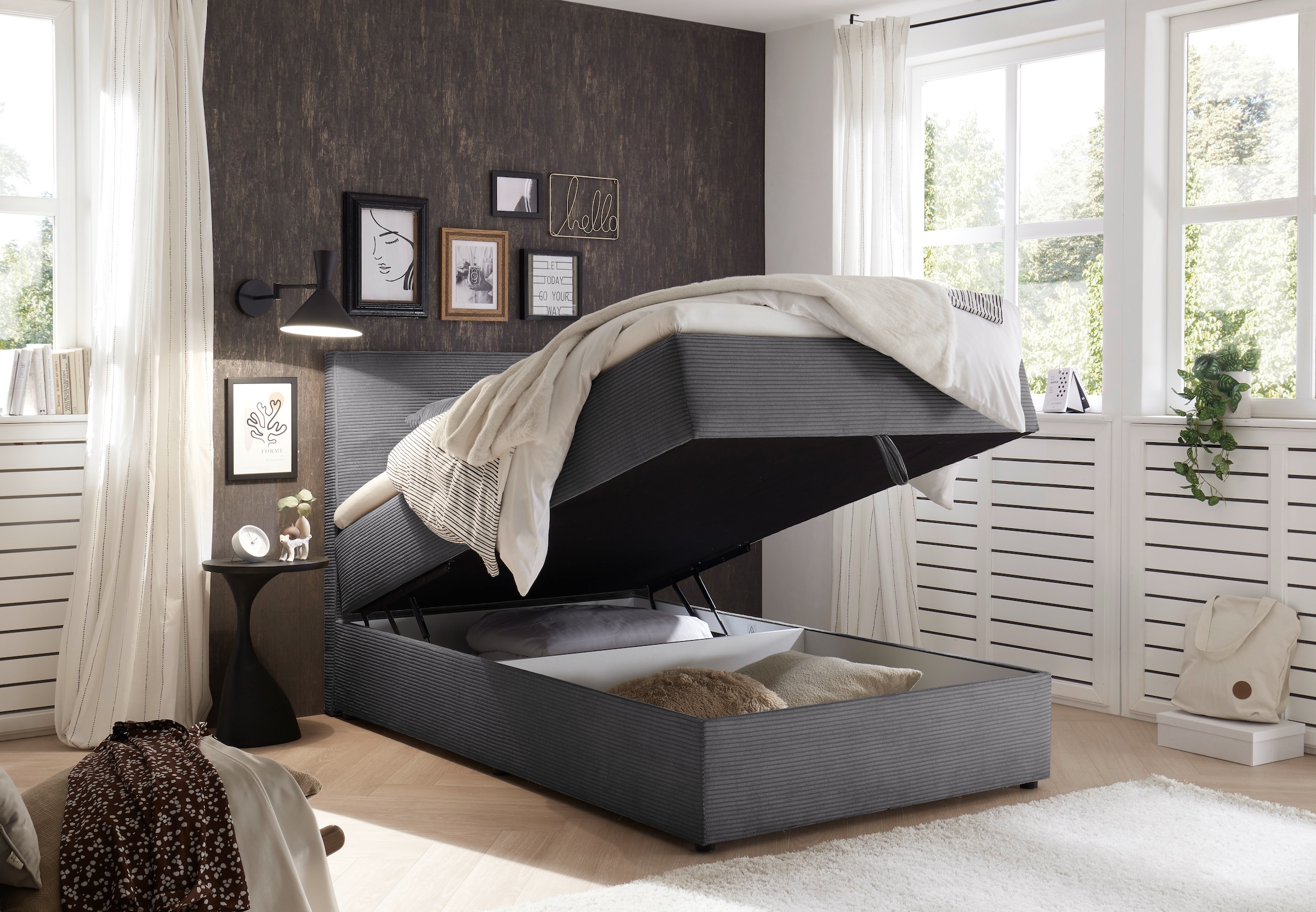 ED EXCITING DESIGN Boxbett »Larnaca«, Bezug aus Cord, inkl. Topper und Bettkasten