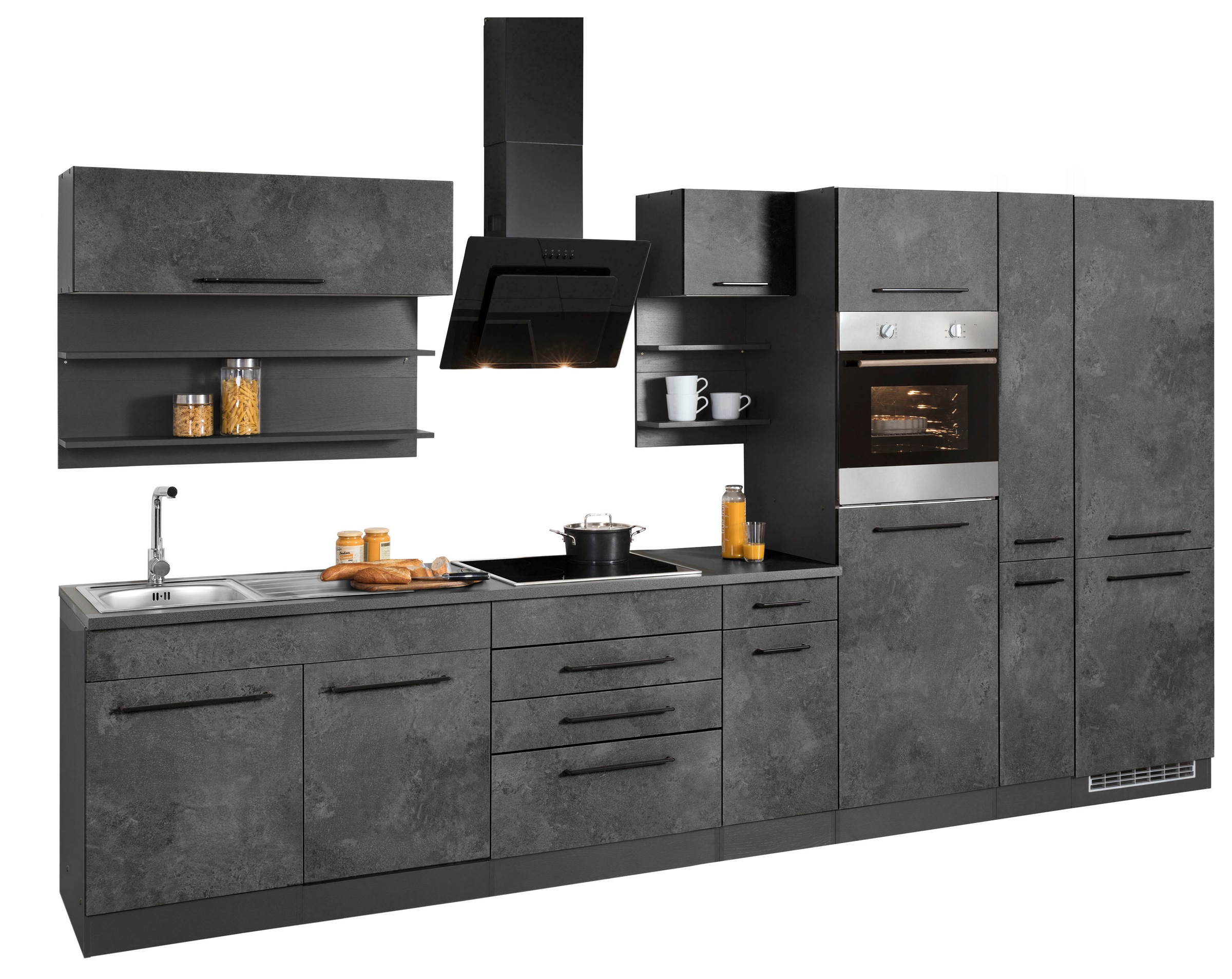 KOCHSTATION Küchenzeile »KS-Tulsa«, mit E-Geräten, Breite 360 cm, schwarze Metallgriffe, MDF Fronten