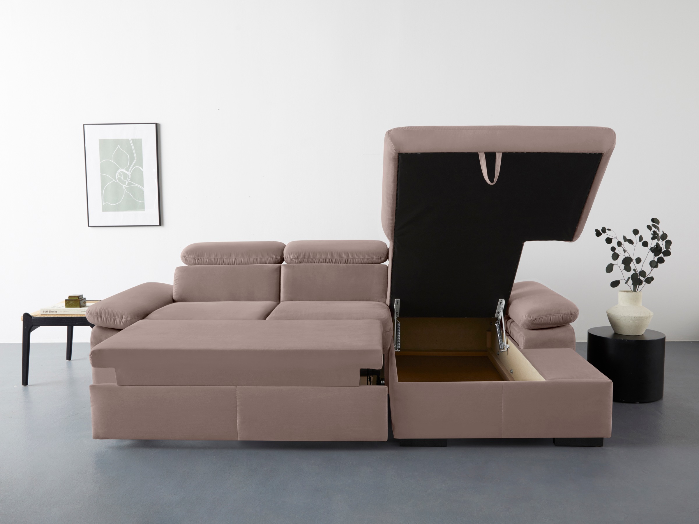 COTTA Ecksofa »Lola L-Form mit Kopfteilfunktion & Hocker«, (Set, mit Hocker), wahlweise mit Bettfunktion, Bettkasten & Armteilverstellung