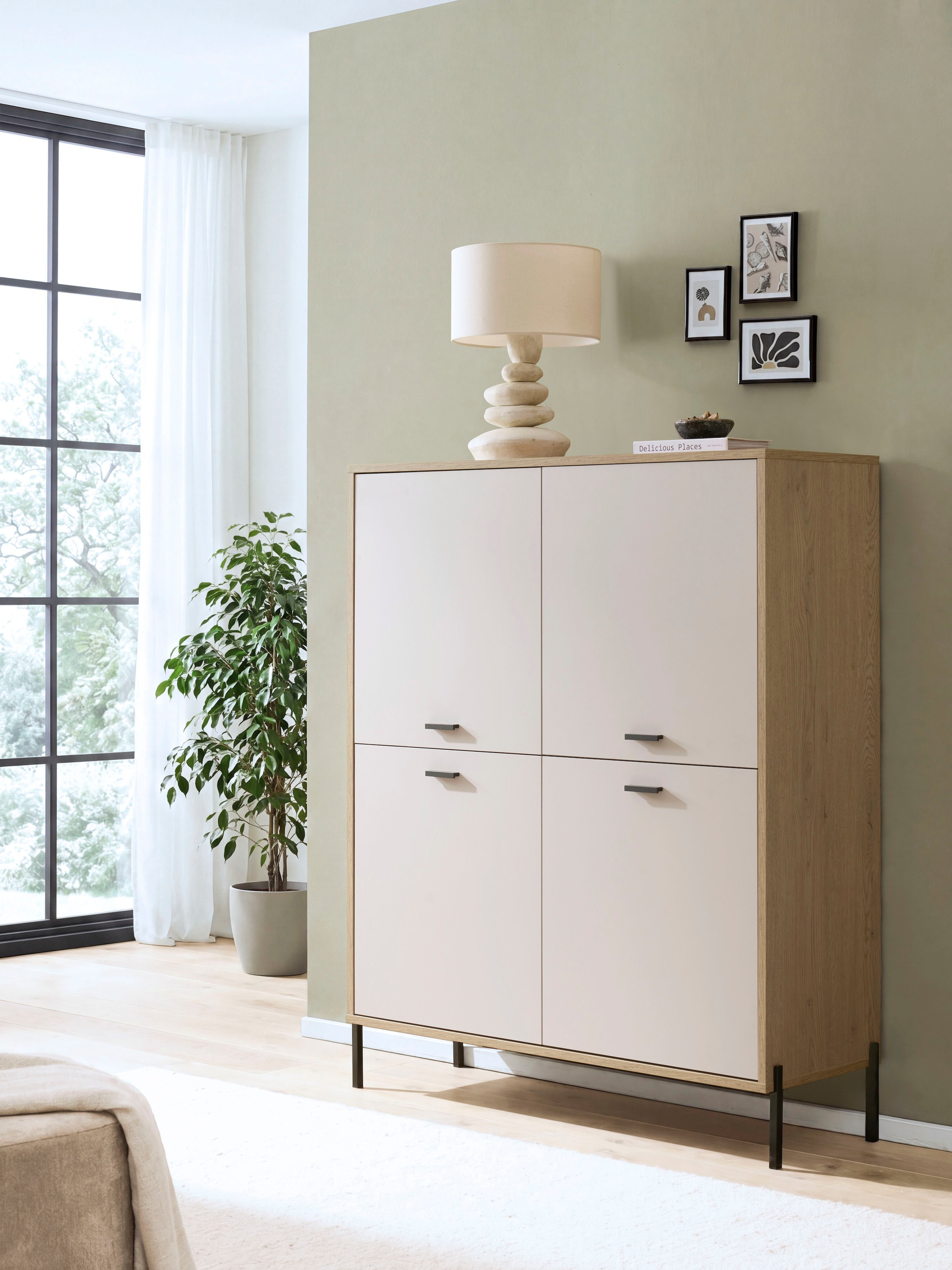 Home affaire Highboard »Fredericia, Hochkommode, modernder Stauraum in Kaschmir« zeitlos, schwarze Metallgriffe und -füße, ausreichend Stauraum