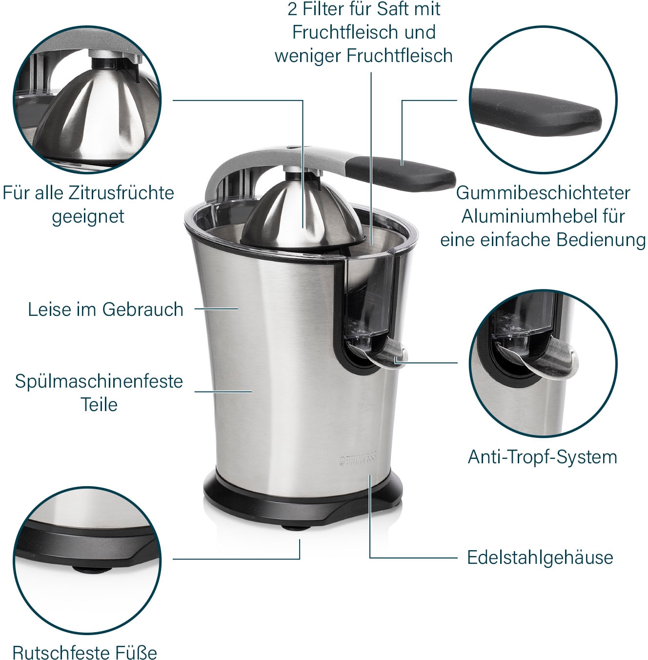 PRINCESS Zitruspresse »201860 Master Juicer Pro«, 300 W, Edelstahl Presskegel, 300 W Motor, Rostfreier Edelstahl