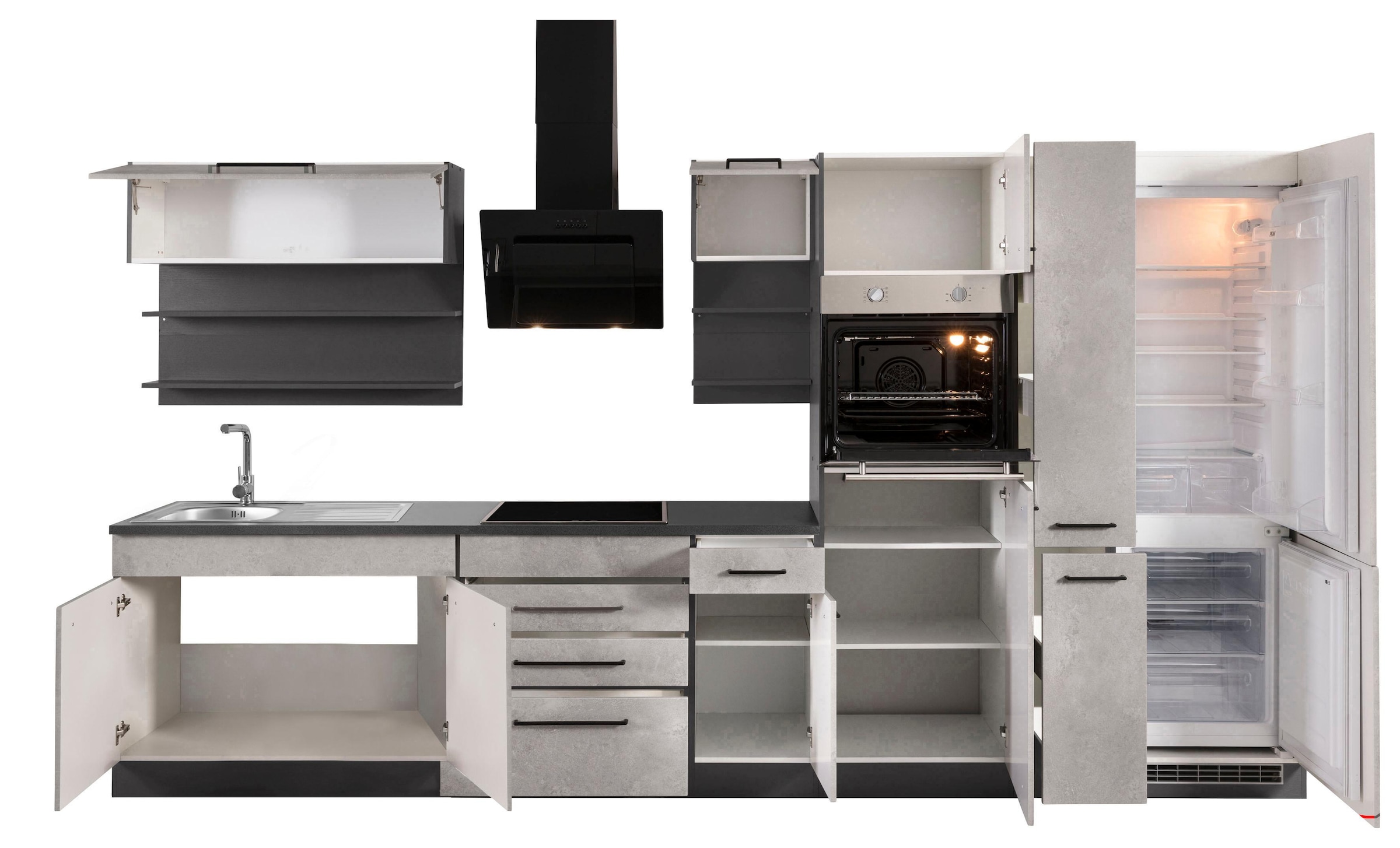 KOCHSTATION Küchenzeile »KS-Tulsa«, ohne E-Geräte, Breite 360 cm, schwarze Metallgriffe, MDF Fronten