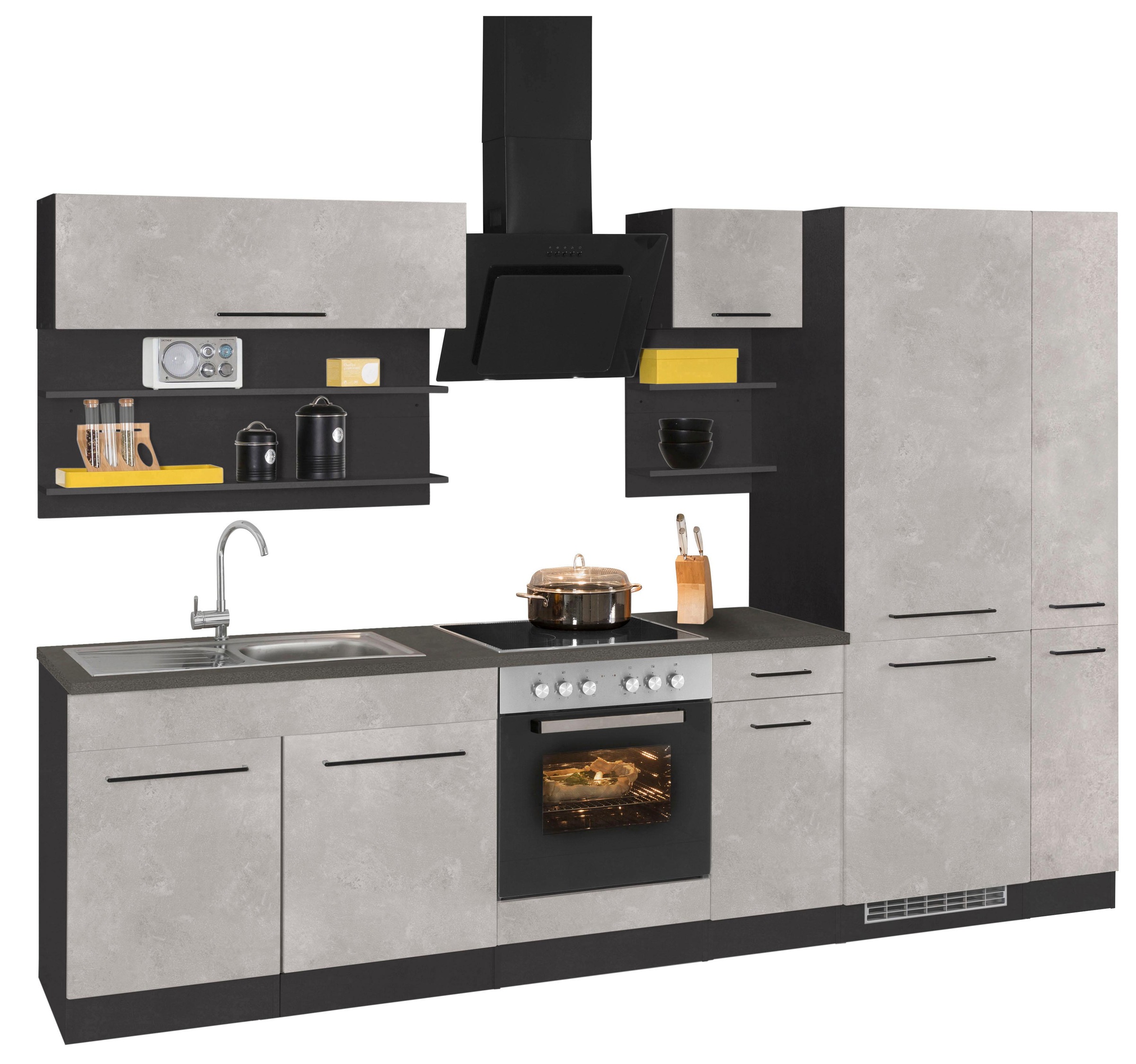 KOCHSTATION Küchenzeile »KS-Tulsa«, mit E-Geräten, Breite 300 cm, schwarze Metallgriffe, MDF Fronten