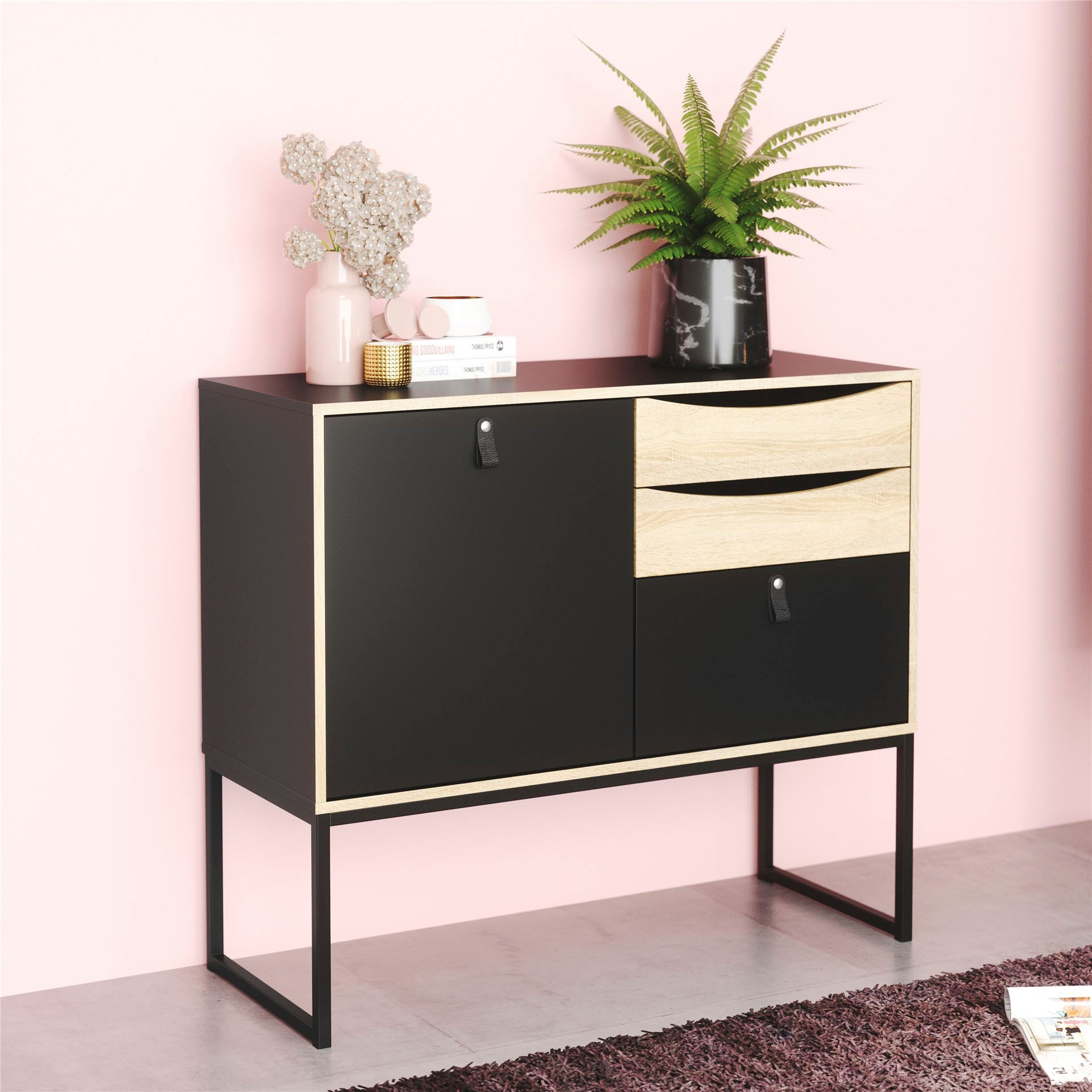 andas Sideboard "Stubbe", Kommode Breite 98,7 cm, 1 Tür und 3 Schubkästen, Ledergriffe