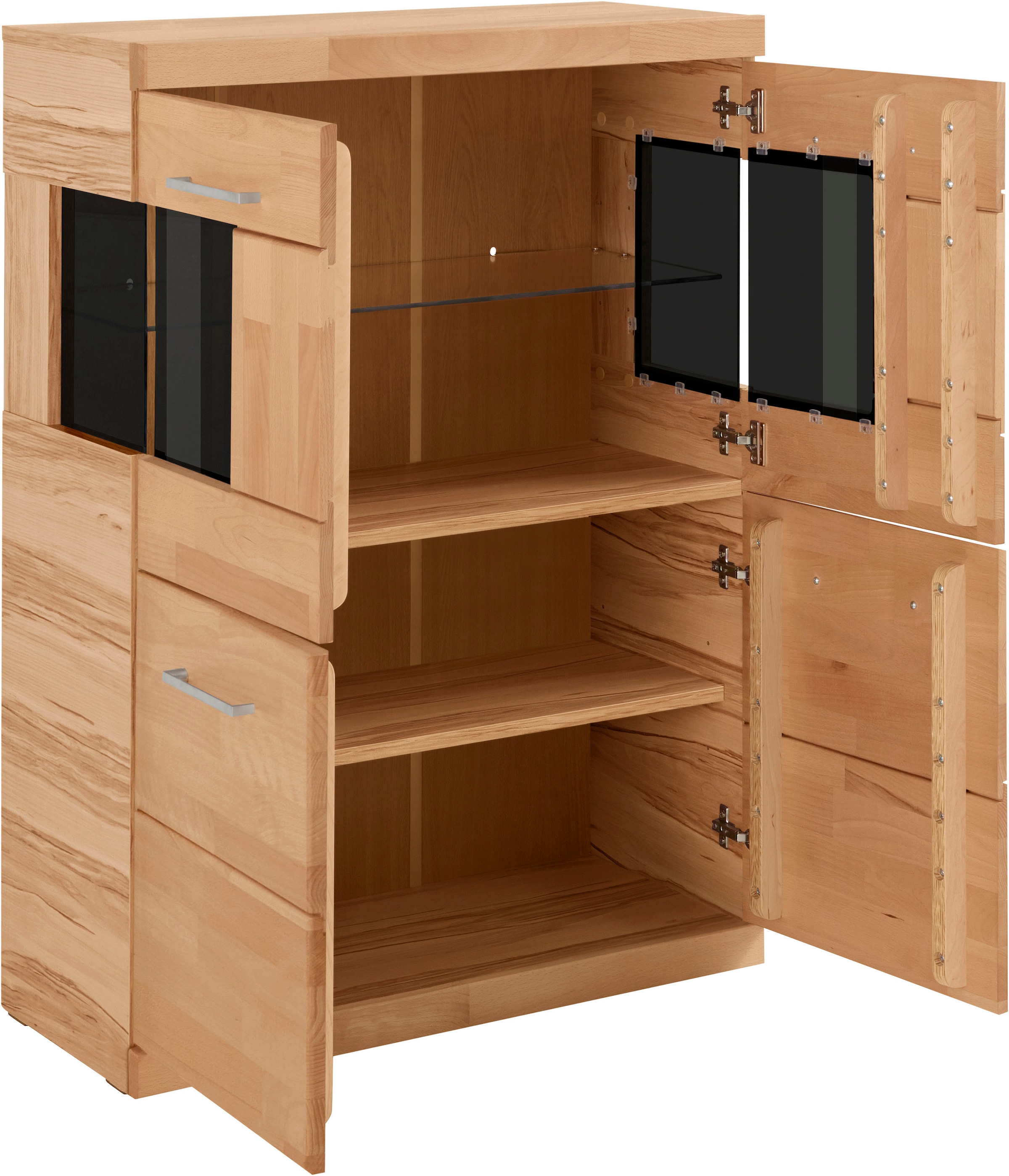 Home affaire Highboard »Ribe,85cm breit,115cm hoch, Fronten Massivholz,4 breite Fächer«, Korpus Holzwerkstoff,2Türen mit Glaseinsatz, Böden versetzbar