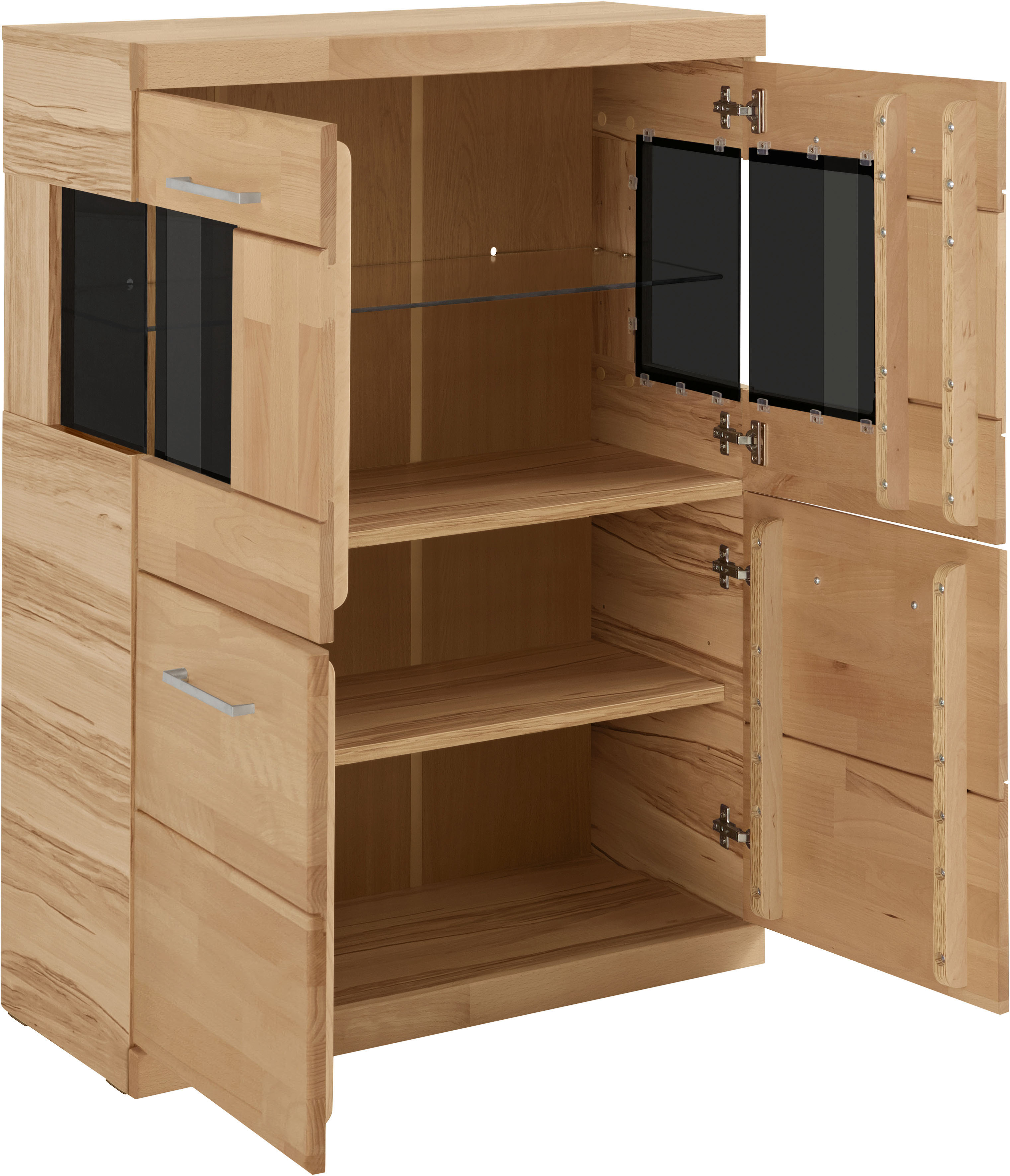Thumbnail - Home affaire Highboard "Ribe,85cm breit,115cm hoch, Fronten Massivholz,4 breite Fächer", Korpus Holzwerkstoff,2Türen mit...