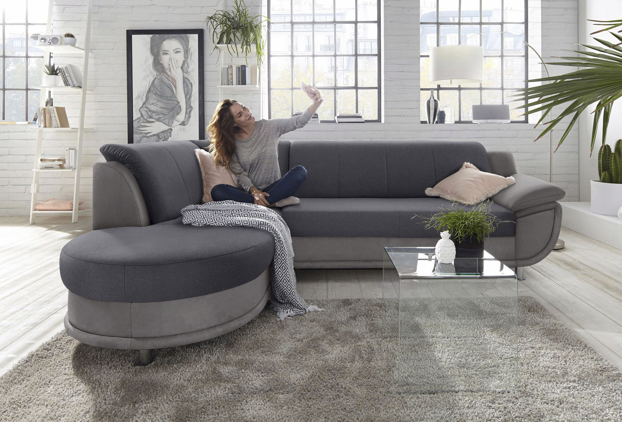 TRENDMANUFAKTUR Ecksofa "Rondo 3, zeitlos & bequem, Materialmix, L-Form, Breite 265cm" wahlweise mit Federkern für mehr Komfort, wahlweise mit Bettfunktion