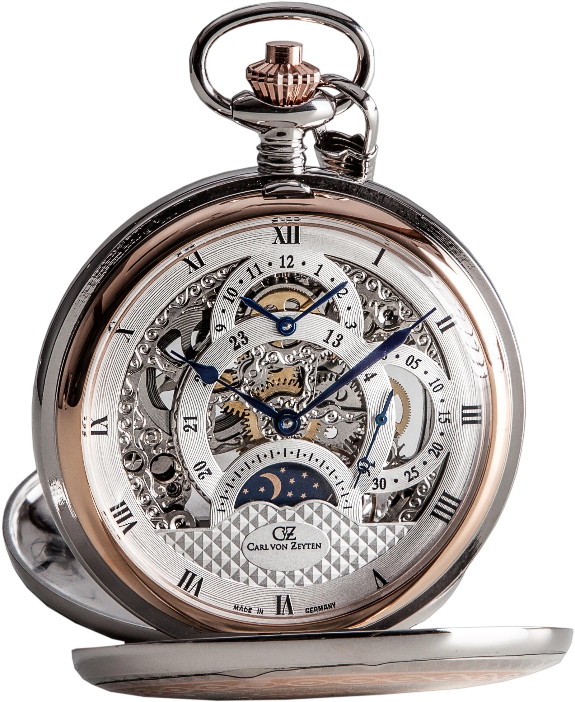 Carl von Zeyten Taschenuhr »Alb, CVZ0040RSL«, (Set, 2 tlg., inkl. Kette), Mechanische Uhr, Herrenuhr, Made in Germany, Mondphase