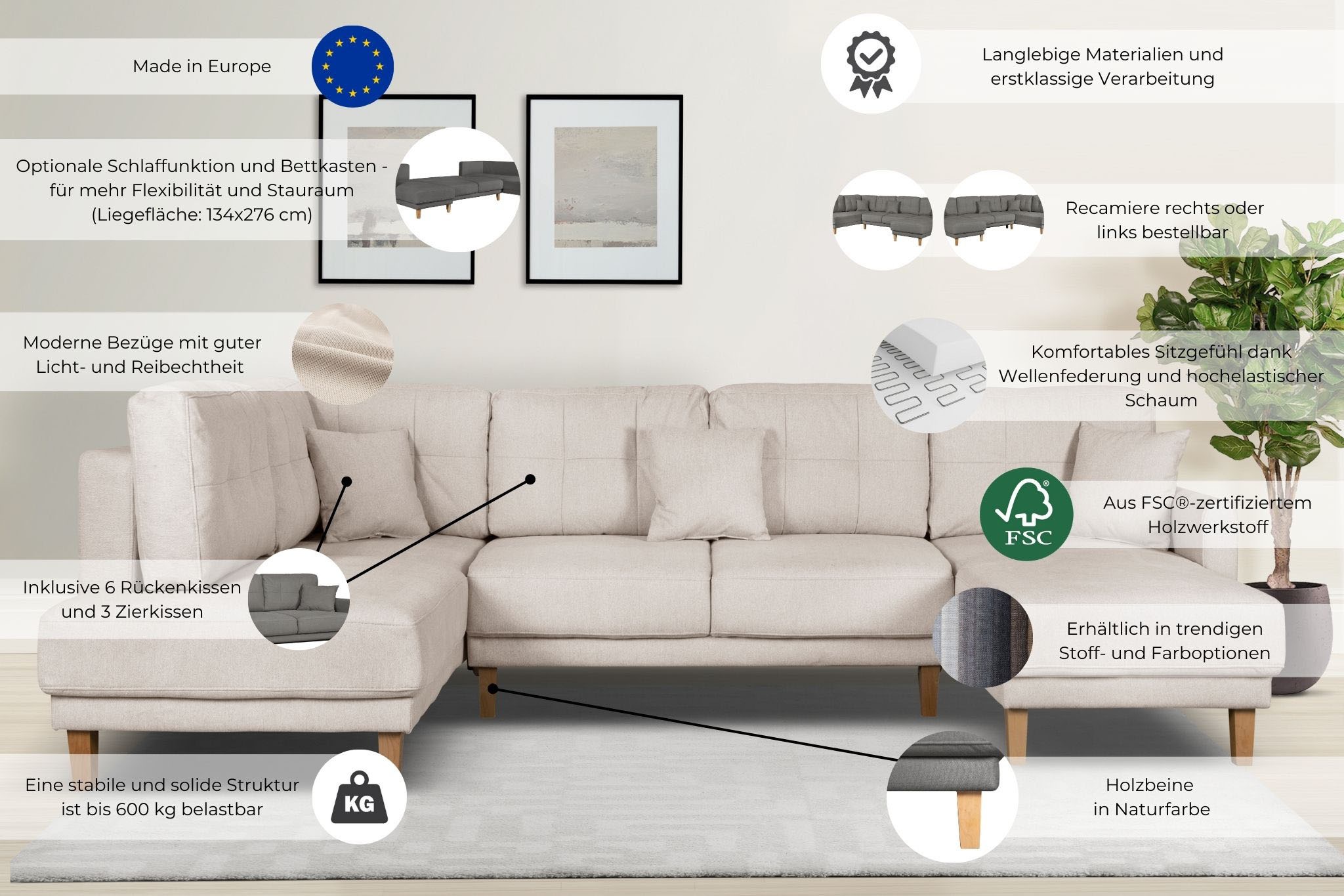Home affaire Wohnlandschaft »TRIPLO U-Form wahlweise mit Schlaffunktion, B/T/H: 310/192/90 cm«, Schlafsofa, auch mit Bettkasten, Steppung im Rückenkissen