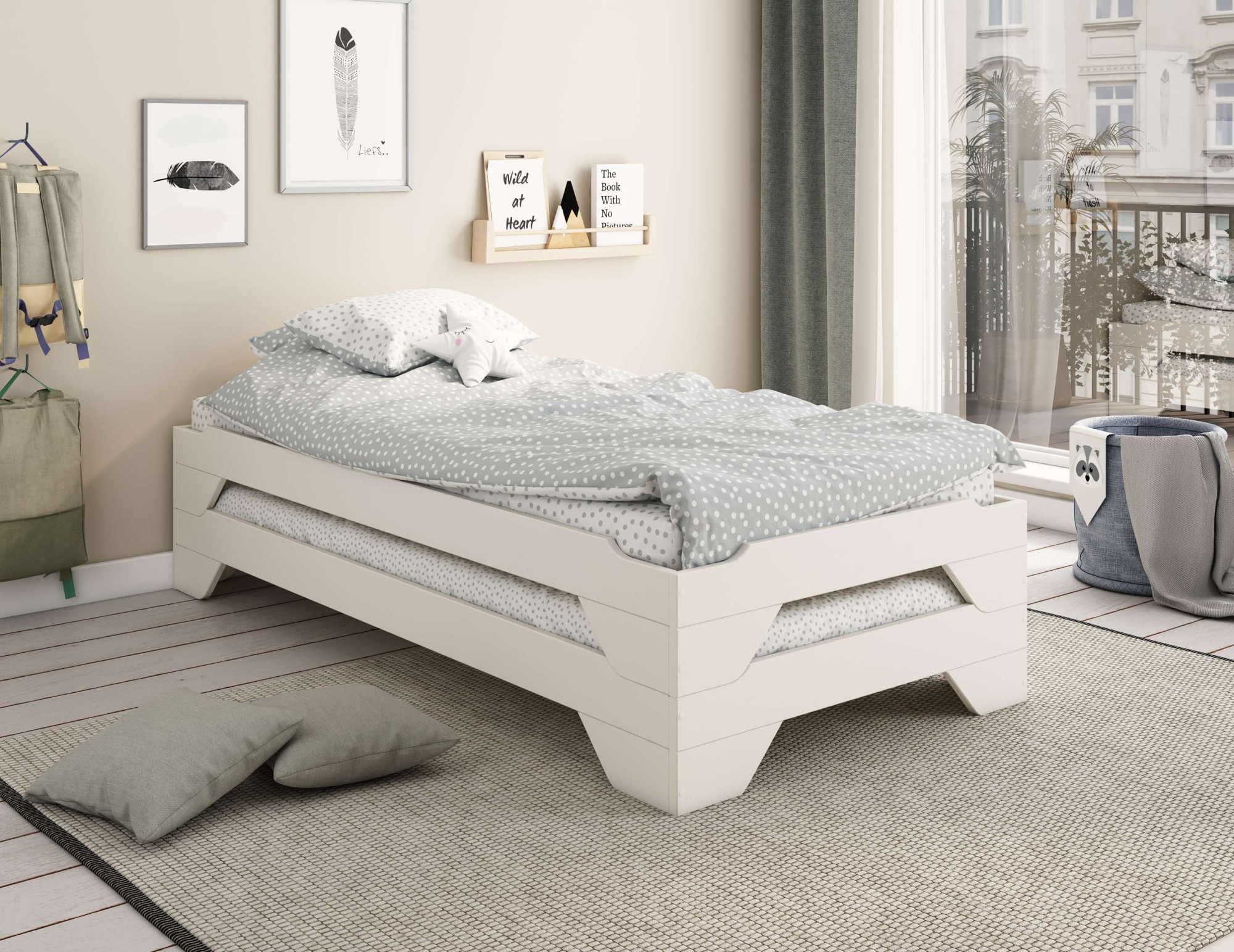 OTTO home Massivholzbett "Melwine – Stapelbett aus massiver Kiefer, platzsparend & flexibel" in 2 Ausführungen- als Einzelbett oder Set aus 2 Betten, 2 tlg. Mit Lattenrost, ideal als Gästebett, FSC zertifiziert, Made in Europe