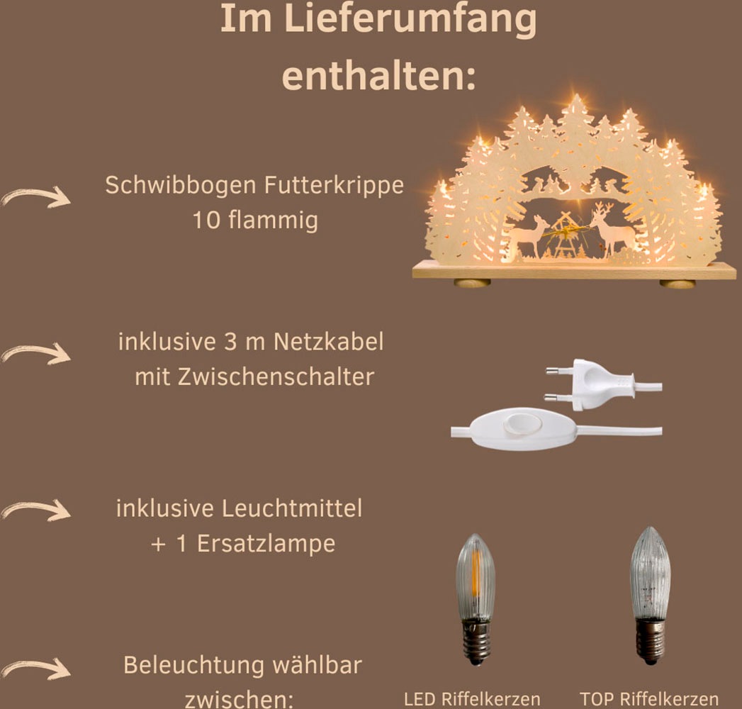 Thumbnail - Weigla LED Schwibbogen "Futterkrippe mit echtem Heu, Lichterbogen aus Holz, NATUR", Erzgebirge garantiert, Weihnachtsdek...