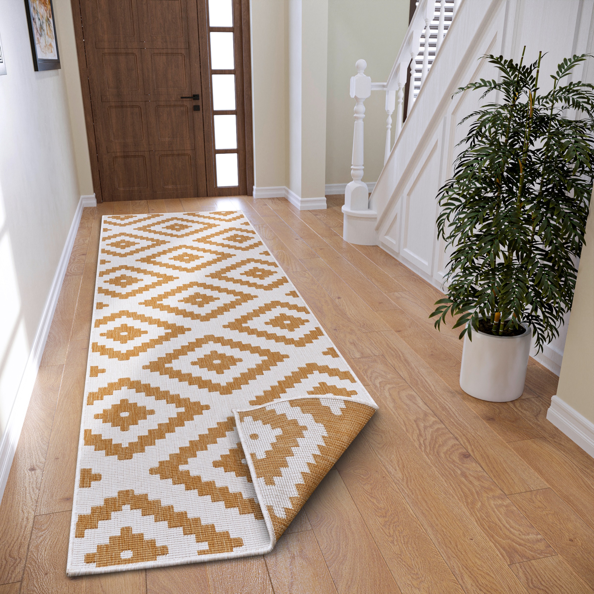 Teppich HANSE HOME "Malta Wendeteppich", gelb (ocker), B:80cm H:5mm L:350cm, Kunstfaser, Teppiche, Teppich, In-& Outdoor, Wetterfest, Balkon, Terrasse, Raute, Läufer, Wohnzimmer