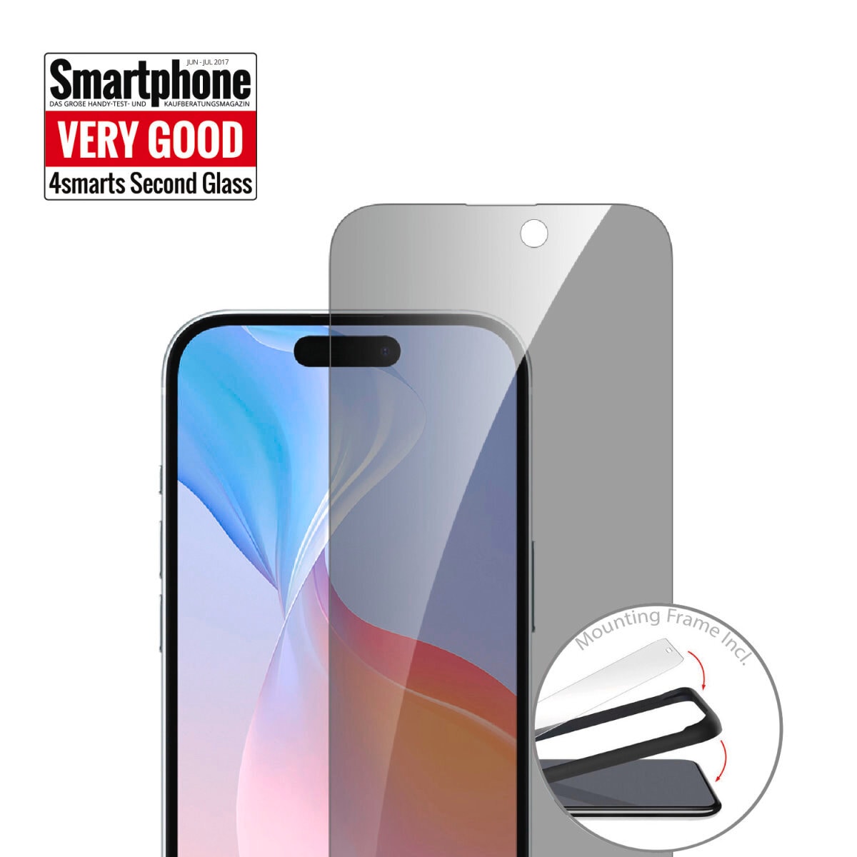 4smarts Displayschutzglas »Second Glass Privacy mit Montagerahmen«, für Apple iPhone 16, (1 St.), Displayschutzfolie, Schutzfolie, Bildschirmschutz, kratz- & stoßfest