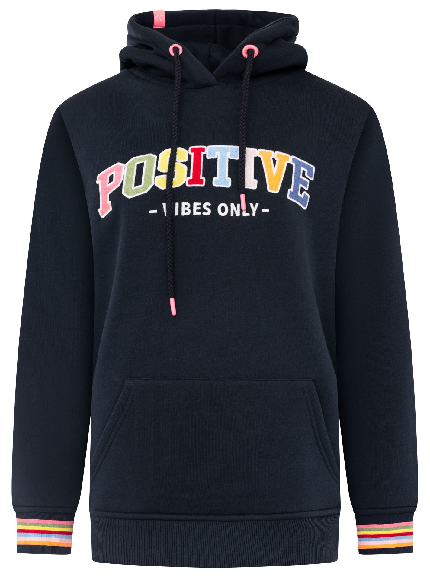 Zwillingsherz Hoodie »"POSITIVE"«, buntes Sticklogo und gestreifte Ärmelbündchen, Kapuze, Kängurutasche
