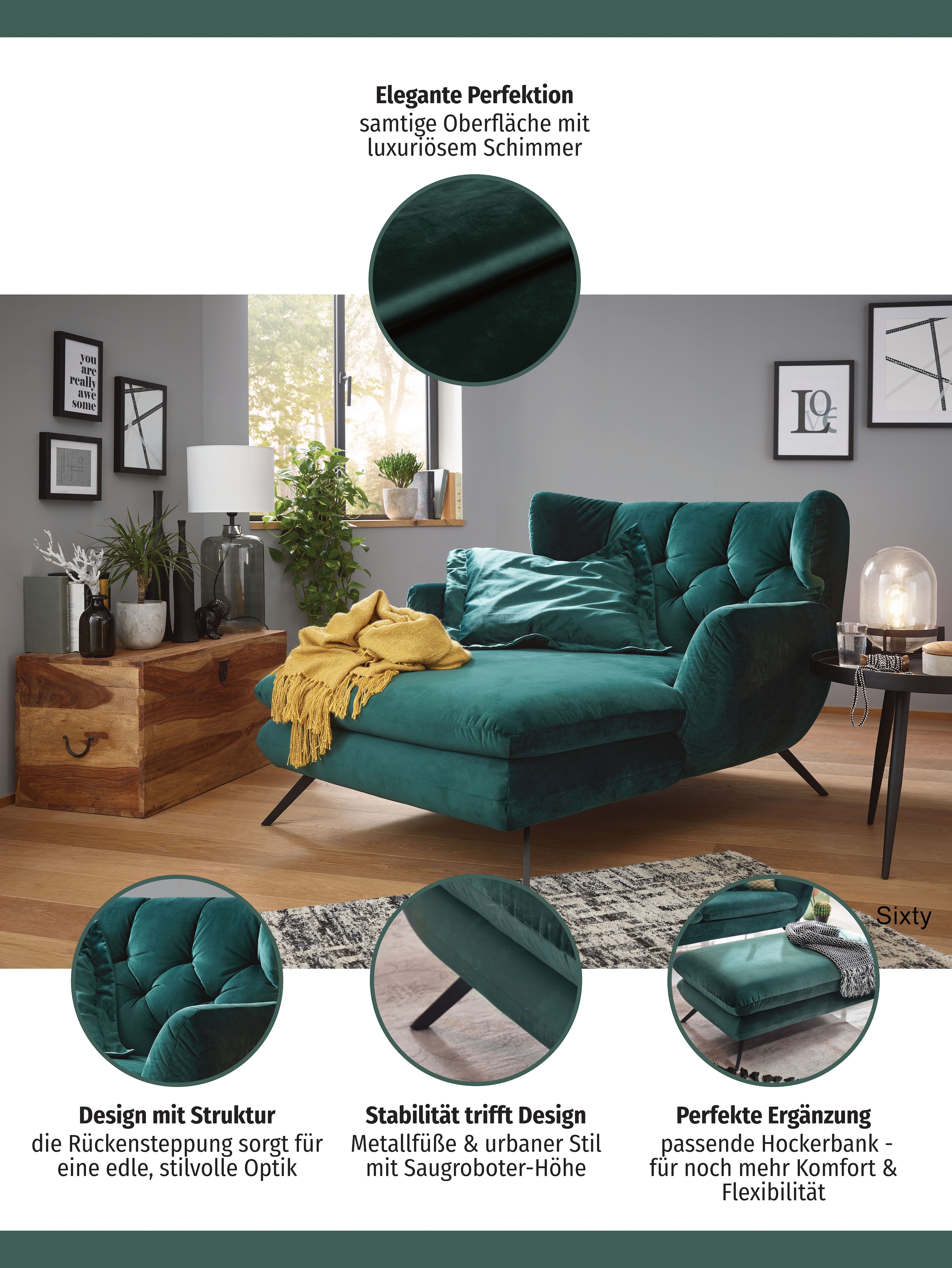 3C Candy Loveseat »Beatrice Loungesessel«, mit Knopfheftung im Rücken, Fernsehsessel, Relaxsessel