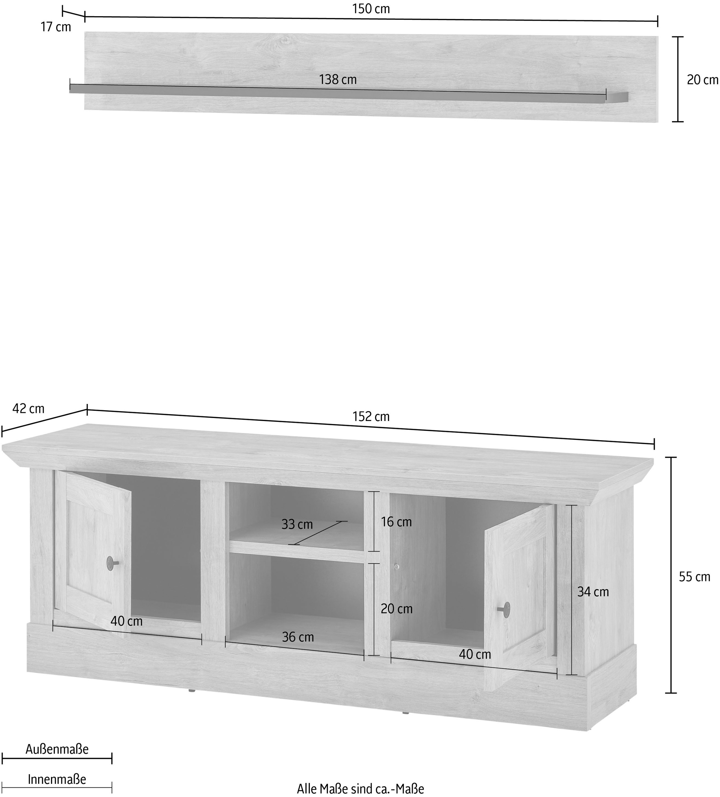 Home affaire Wohnwand »Cornwall, Anbauwand im Landhausstil, Wohnzimmer-Set, Eiche Dekor«, (Set, 2 St.), enthält Lowboard, Wandboard, Eiche Dekor, 152 cm breit