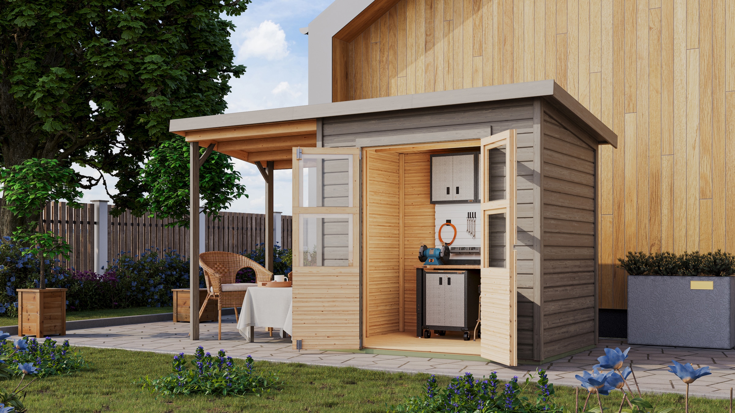 Karibu Gartenhaus ""Merseburg 3" vorvergraut mit Anbaudach" aus Fichtenholz günstig online kaufen