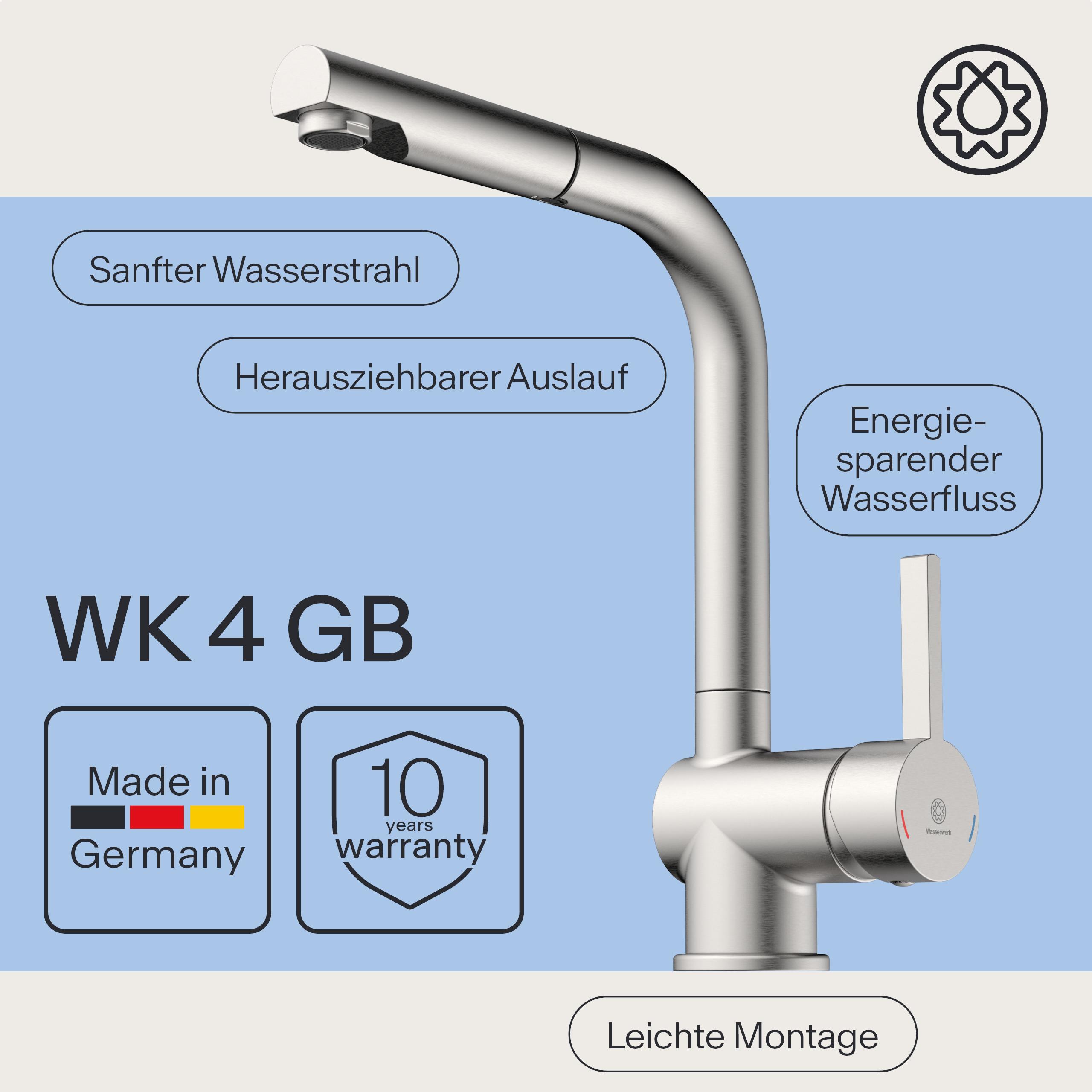 Thumbnail - WASSERWERK Spültischarmatur "WK 4, Wasserhahn, Küche, Einhebelmischer" 360 schwenkbar, Cold-Start-Funkt., herausziehbar