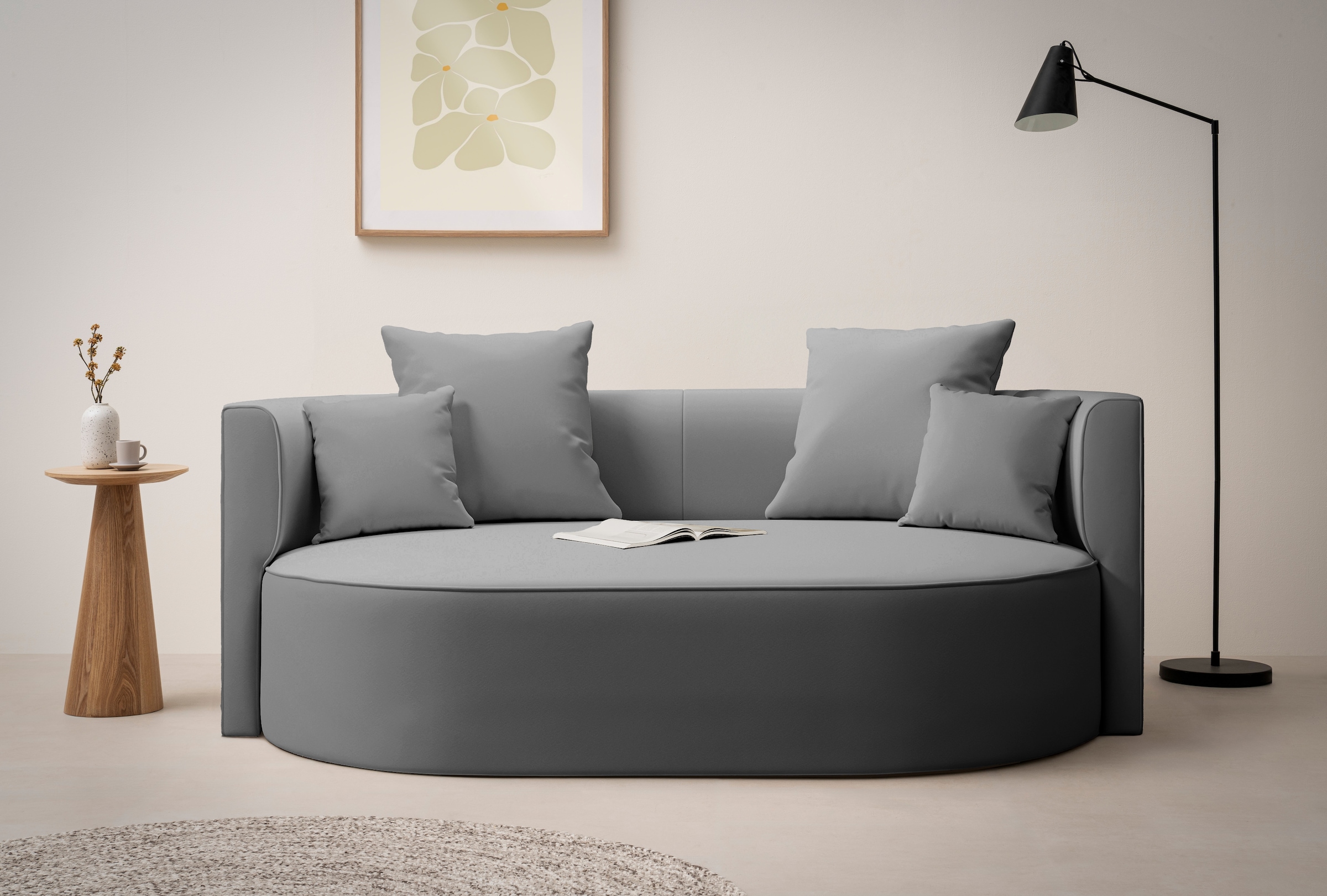 LeGer Home by Lena Gercke 2,5-Sitzer »ISALIE, rundes Loungesofa, mit Kissen, perfekt gepolstert«, moderne Stoffe, mit 4 Zierkissen, extra große Sitzfläche