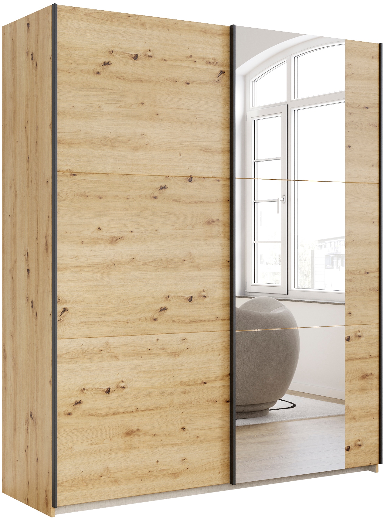 rauch Schwebetürenschrank "Kleiderschrank Drehtürenschrank Schrank Garderobe KRONACH" in 3 Ausstattungen BASIC/CLASSIC/PREMIUM, Breiten 131/175/218/261 cm, optional ohne, mit 1 oder 2 Spiegel, viel Stauraum MADE IN GERMANY