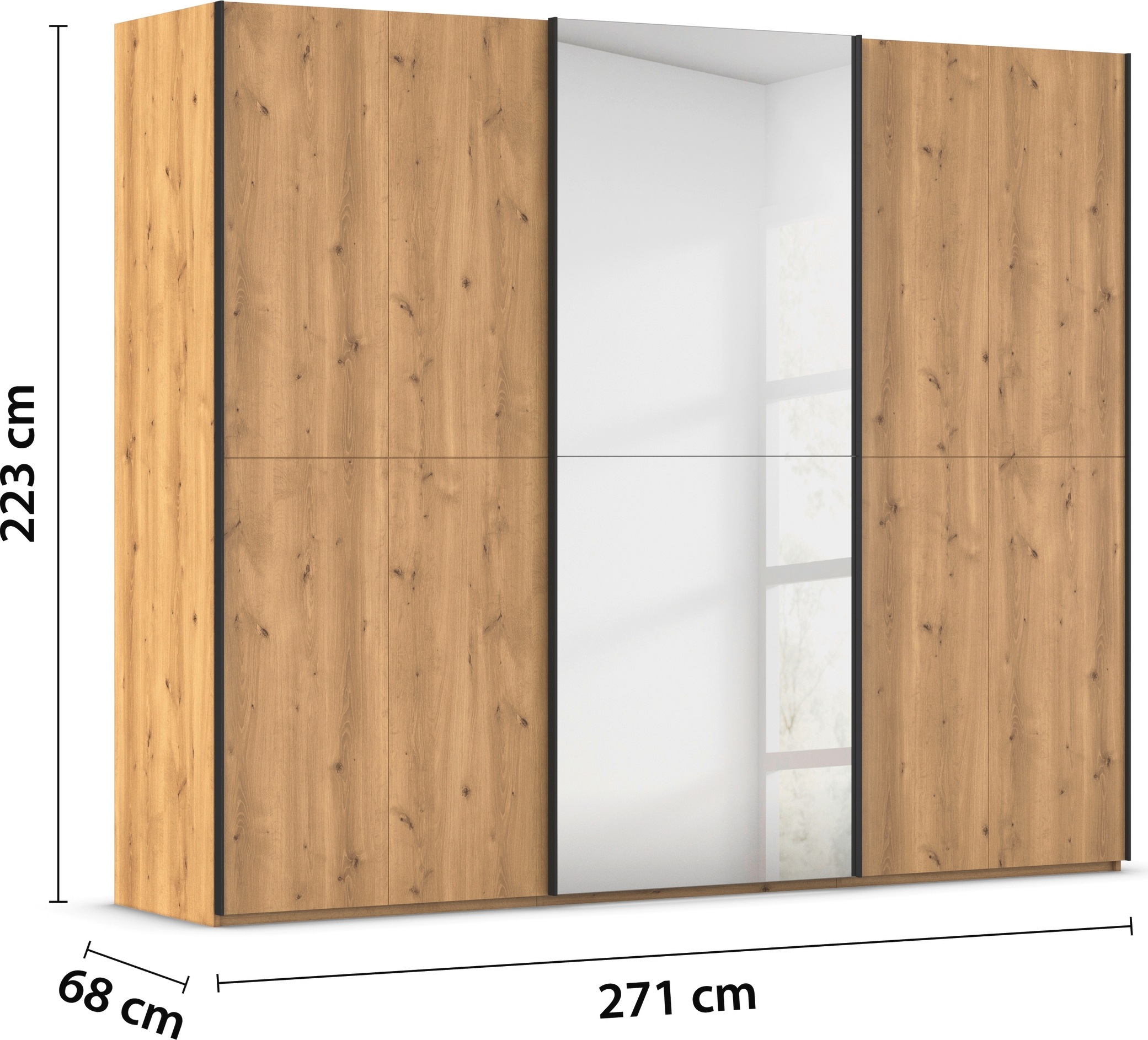 rauch Schwebetürenschrank »Kleiderschrank Schrank Garderobe Schlafzimmerschrank SCALE-WOOD«, edle geteilte Front in massiver Asteiche mit Spiegel MADE IN GERMANY
