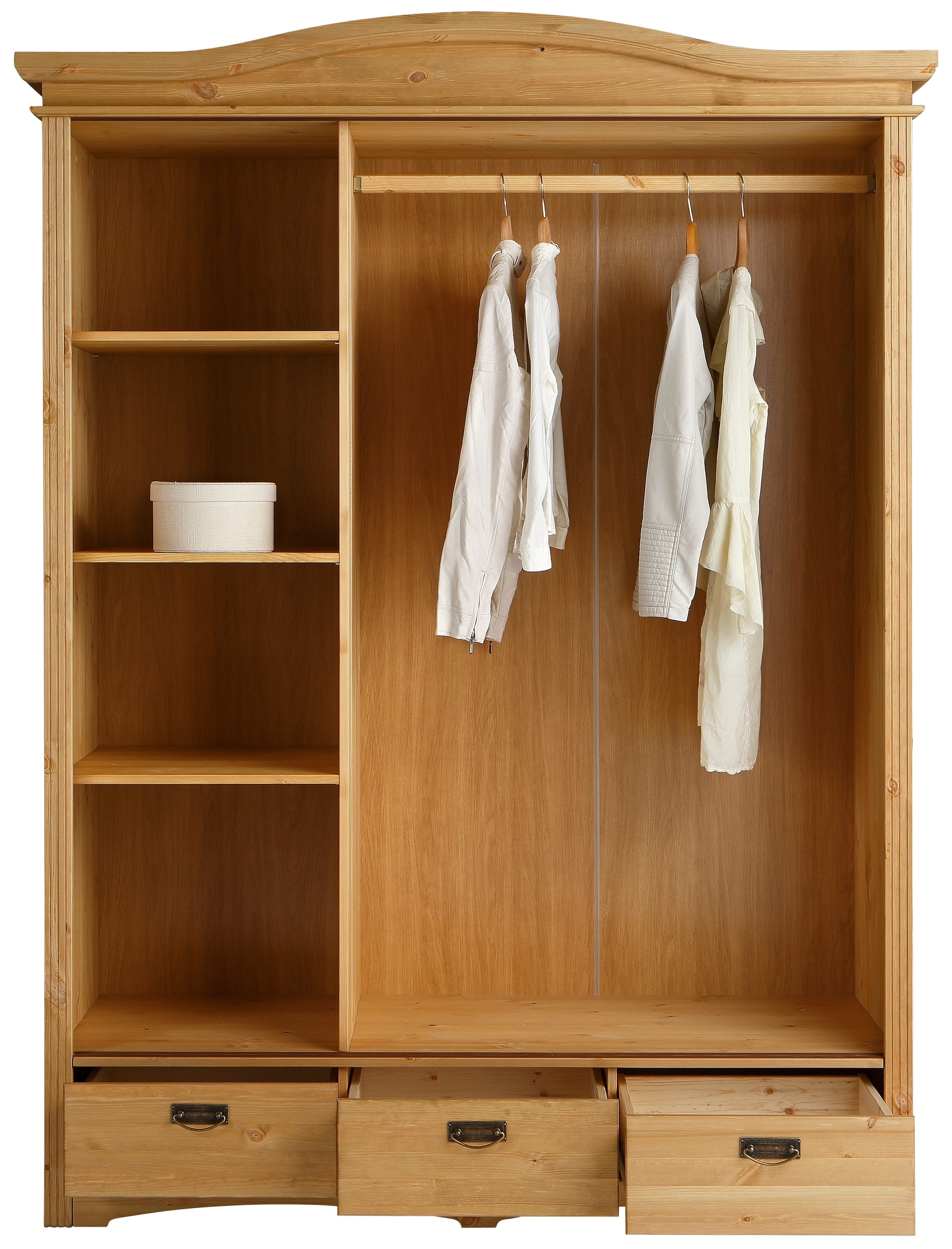 Home affaire Schiebetürenschrank »Konrad, Landhausstil, rustikal, mit Schubladen + Spiegel, Kassetten«, (3 Breiten: 153/202/249 cm H/T ca.207/64 cm), massive Kiefer, FSC®-zertifiziert, Messinggriffe, mehrere Varianten