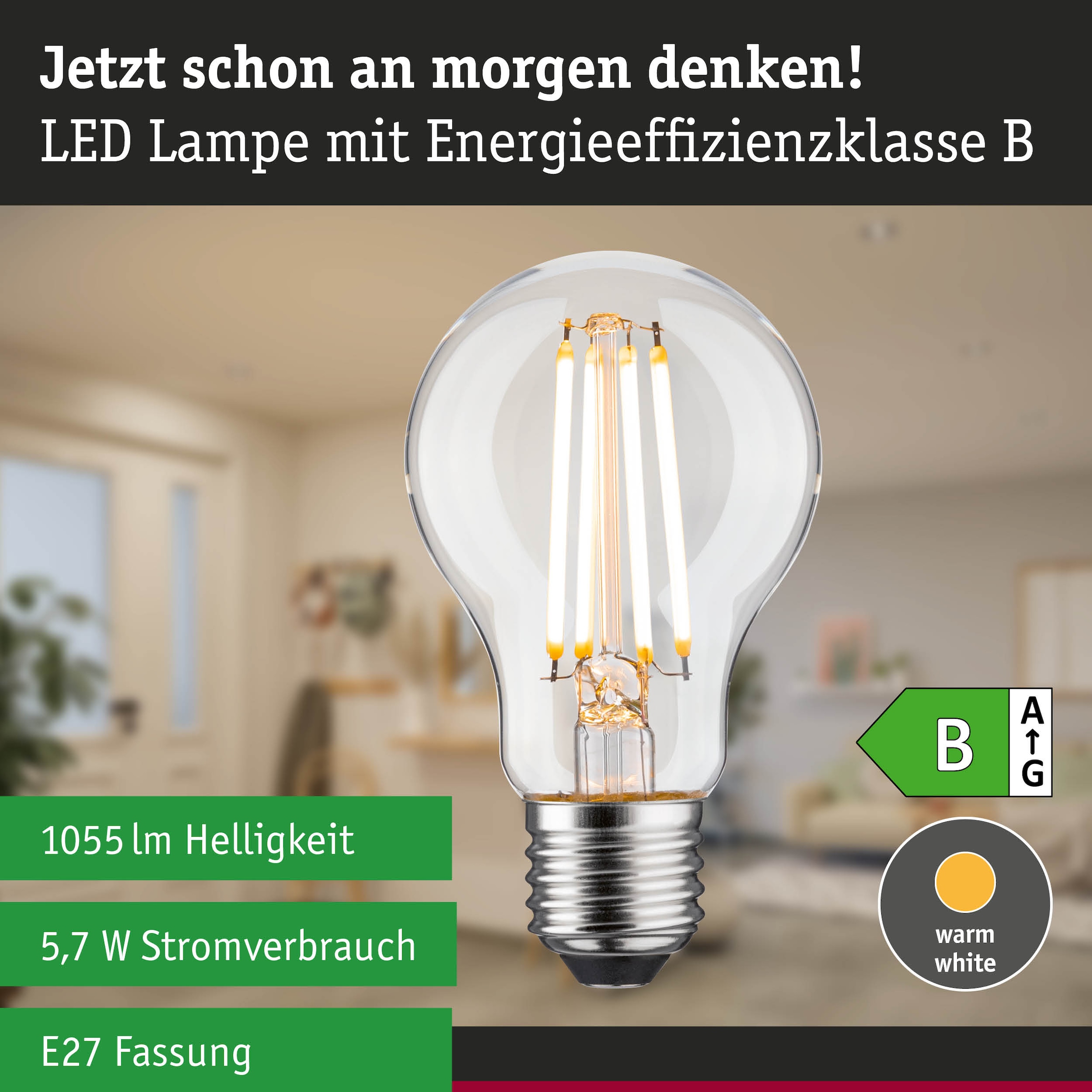 Paulmann LED-Leuchtmittel »Efficient-Line Filament 230V LEDBirne E27 1055lm 5,7W 3000K dimmb.Klar« E27 1 Stk. Warmweiß