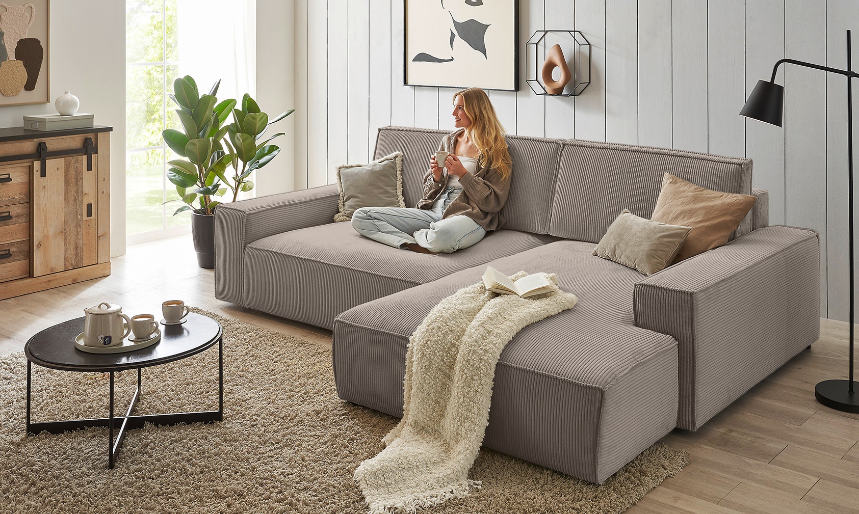 OTTO home Ecksofa "SHERWOOD XXL Cord 284, Big-Sofa L-Form, tiefe Sitzfläche 95 cm" Recamiere rechts/links, als Schlafsofa stellbar, Cord u. Leinenoptik