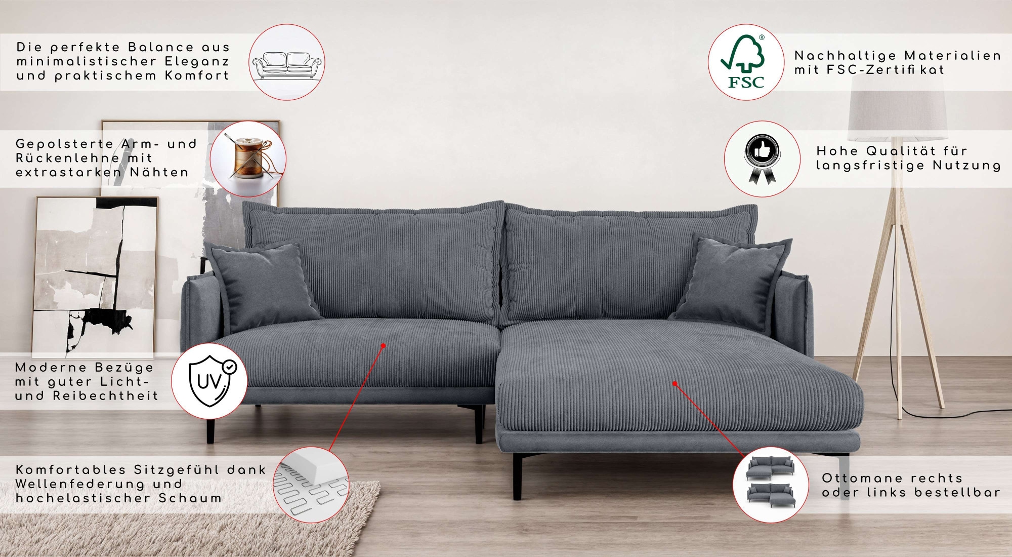 INOSIGN Ecksofa »ALEXANDRIA mit Recamiere rechts oder links bestellbar, moderne Bezüge«, L-Form mit Wellenunterfederung, Maße: B/H/T 246/86/190 cm