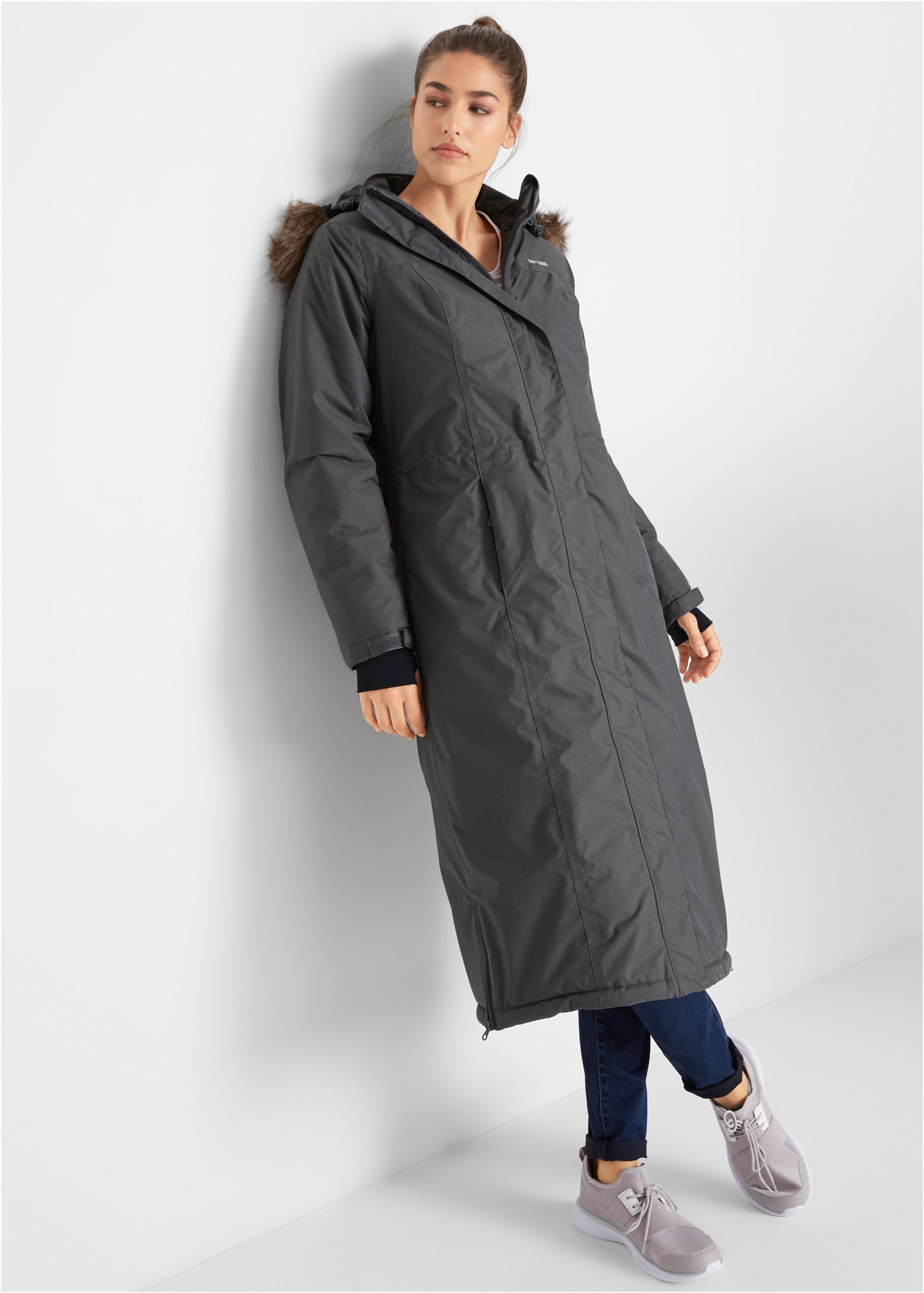 bonprix Wintermantel mit abnehmbarer Kapuze + Fellimitat, Daumenlöcher, Handy-Innentasche