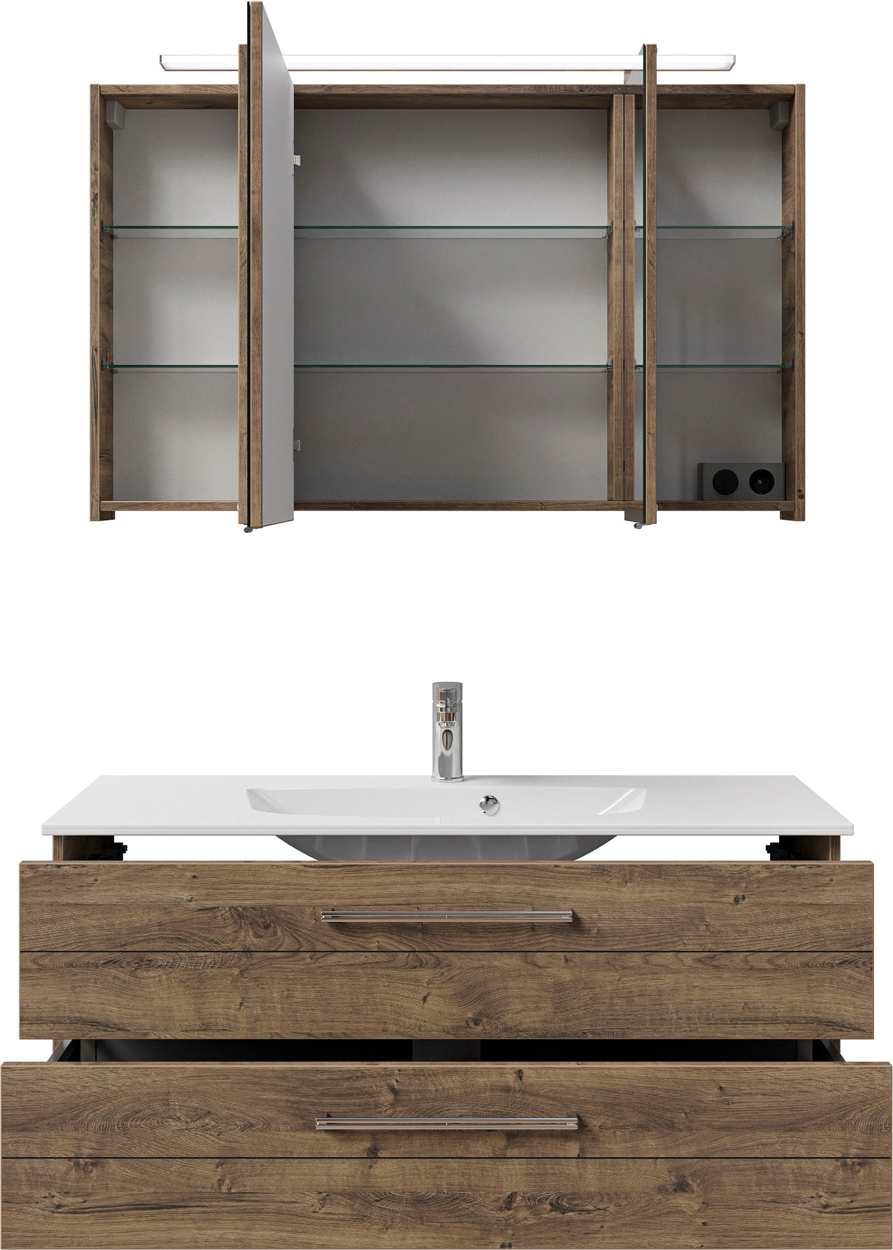 Saphir Badmöbel-Set »Serie 6025 2-teilig Mineralmarmor-Waschtisch mit LED-Spiegelschrank«, (2 St.), Waschplatz 117cm breit, 2 Schubladen, 3 Spiegel-Türen, inkl Türdämpfer