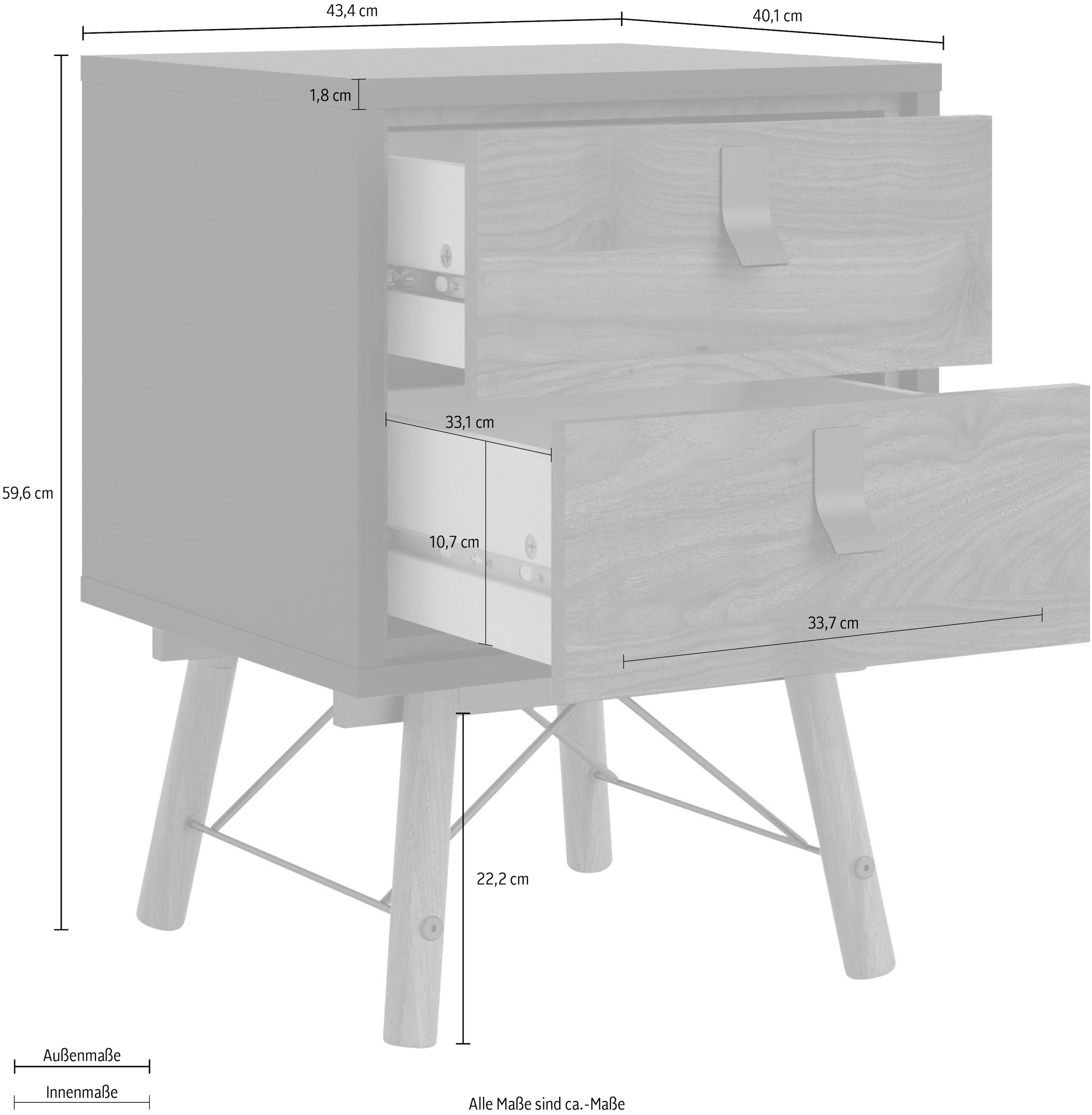 Home affaire Nachttisch »RY«, mit 2 Schubladen, Vollholzbeine, Höhe 60 cm
