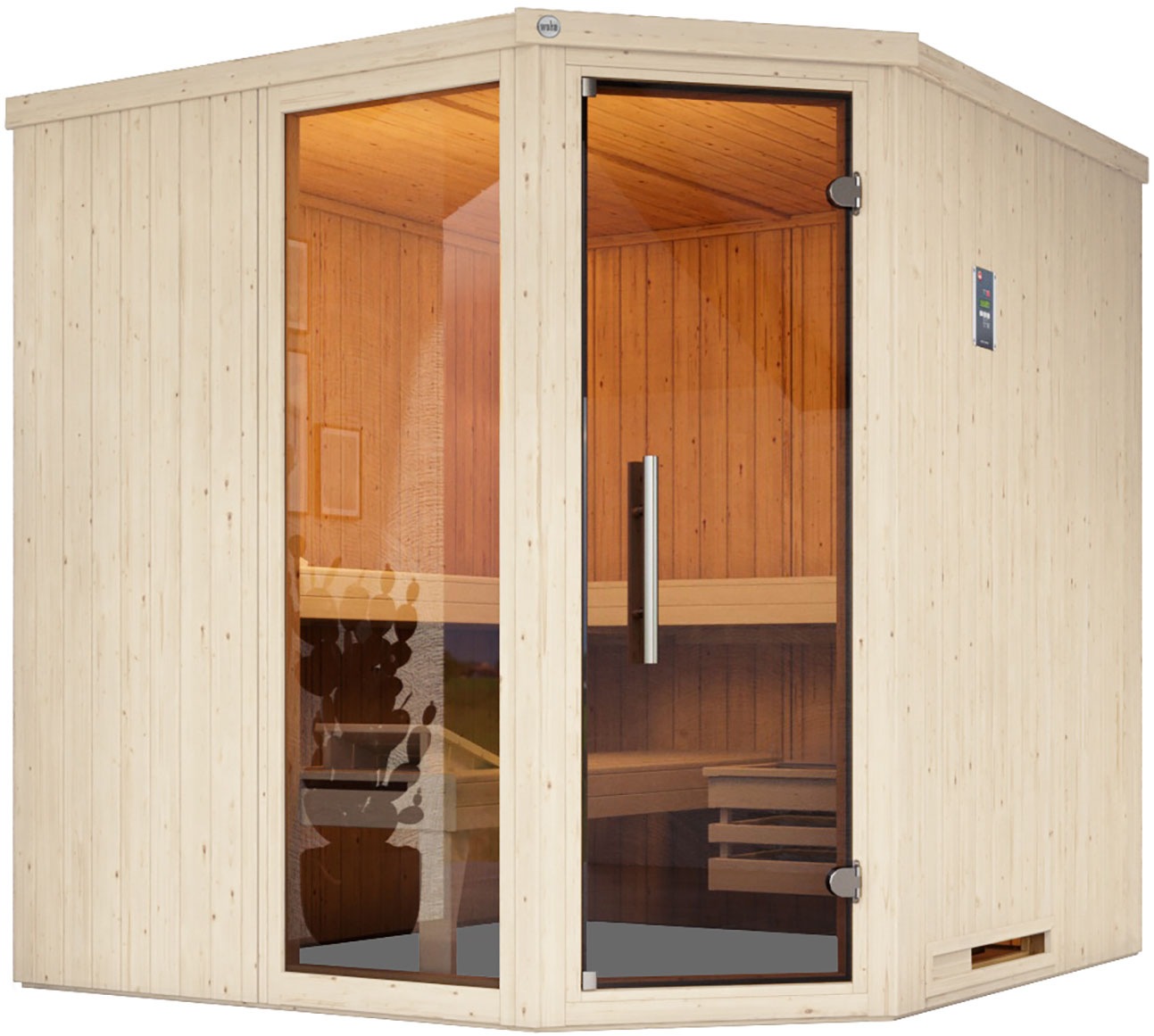 weka Sauna "Element-Ecksauna VARBERG 3", vorgefertigte Elemente, moderne Ganzglastür, bodenl. Fensterelement