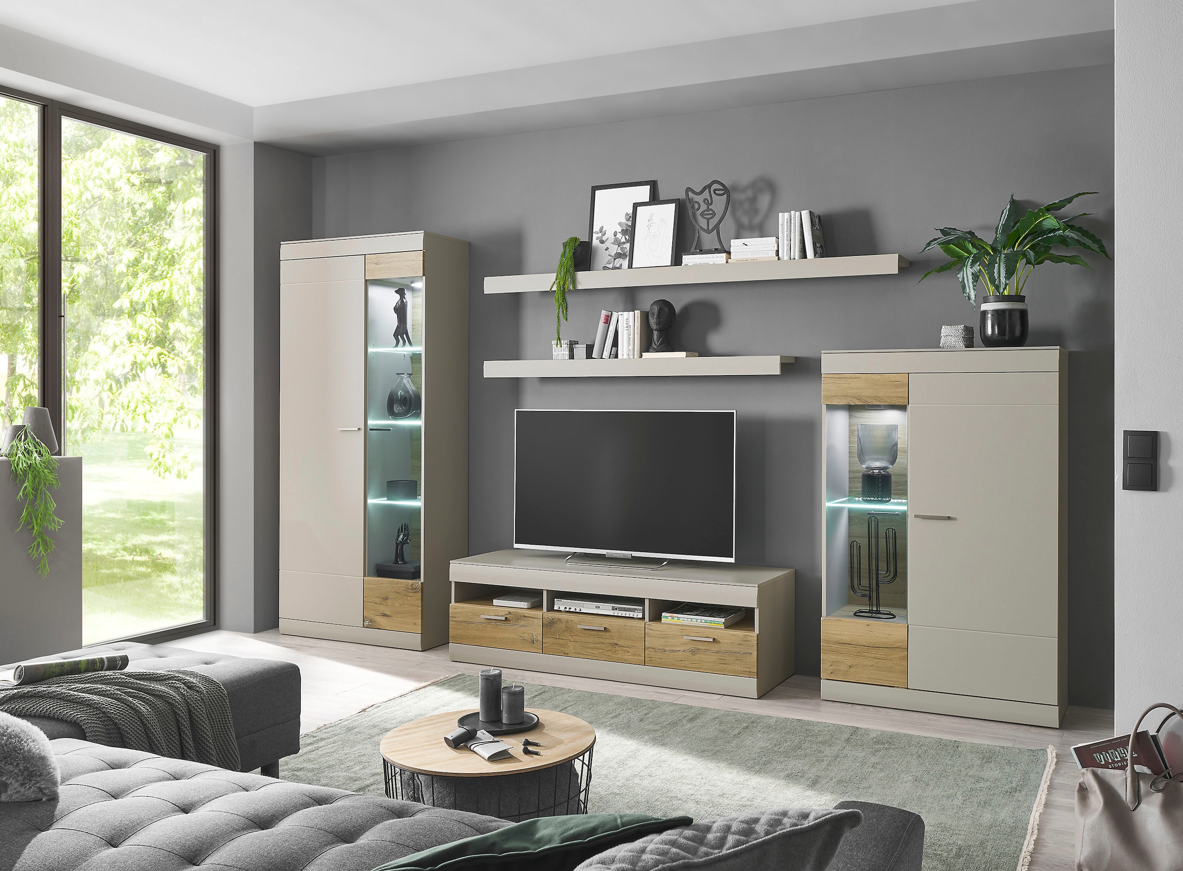 INOSIGN Wohnwand »SCARA«, (5 St.), trendige Farbe mit Applikation Zinneiche Dekor, mit Softclose-Funktion