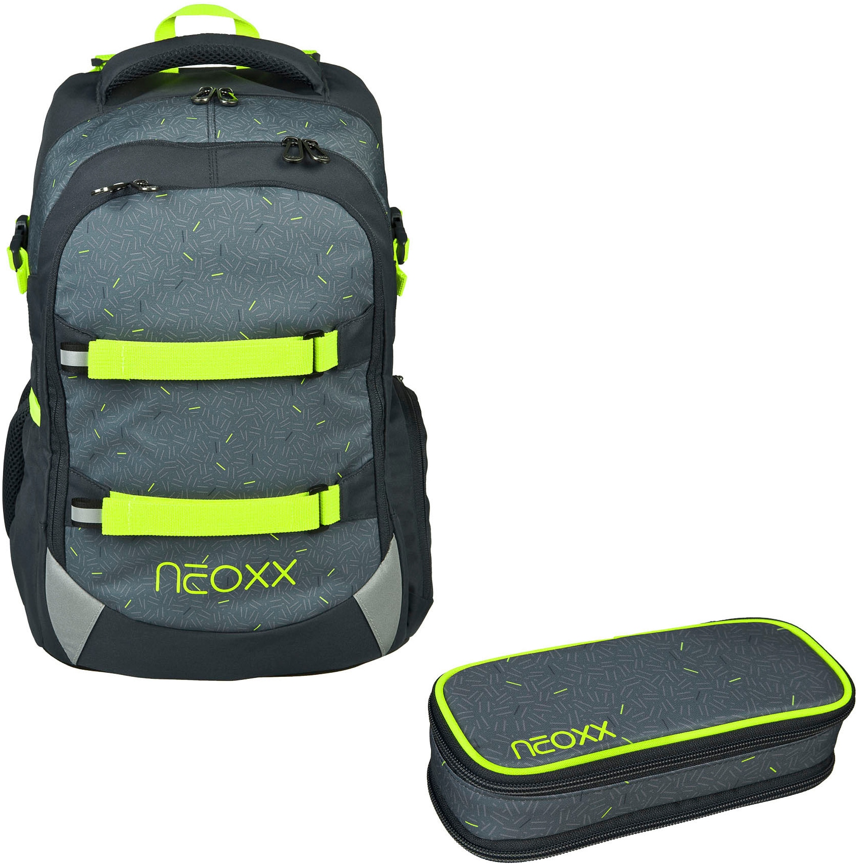 neoxx Schulrucksack »BOOM! Rucksack & Schlamperbox«, Reflektorflächen, aus recycelten PET-Flaschen