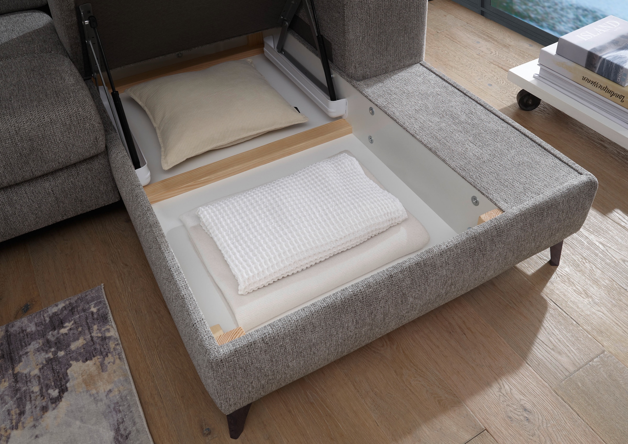 ED EXCITING DESIGN Ecksofa »Sydney L-Form mit Bettfunktion, Bettkasten, Kopfteilverstellung«, motorischer Sitztiefenverstellung, USB-Port & 2 Zierkissen
