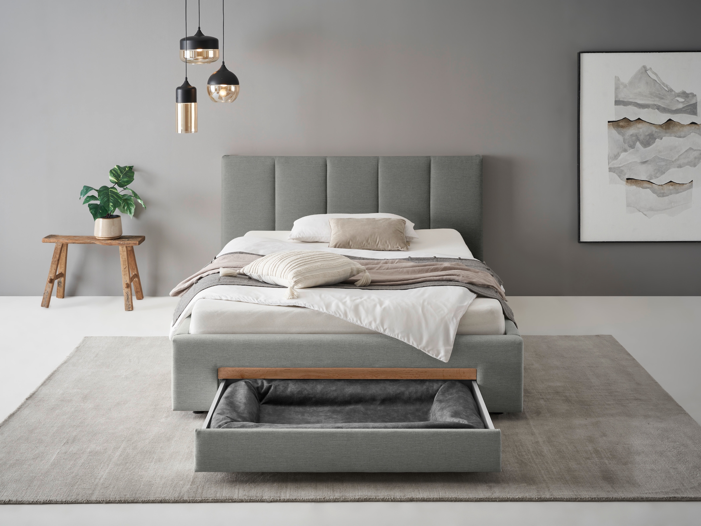 INOSIGN Polsterbett »CiTY/GiRON, Bettgestell mit Bettkasten, gepolstertes Stauraumbett«, mit Hundebett oder Stauraumschublade, Bezug Cord-oder Leinenoptik