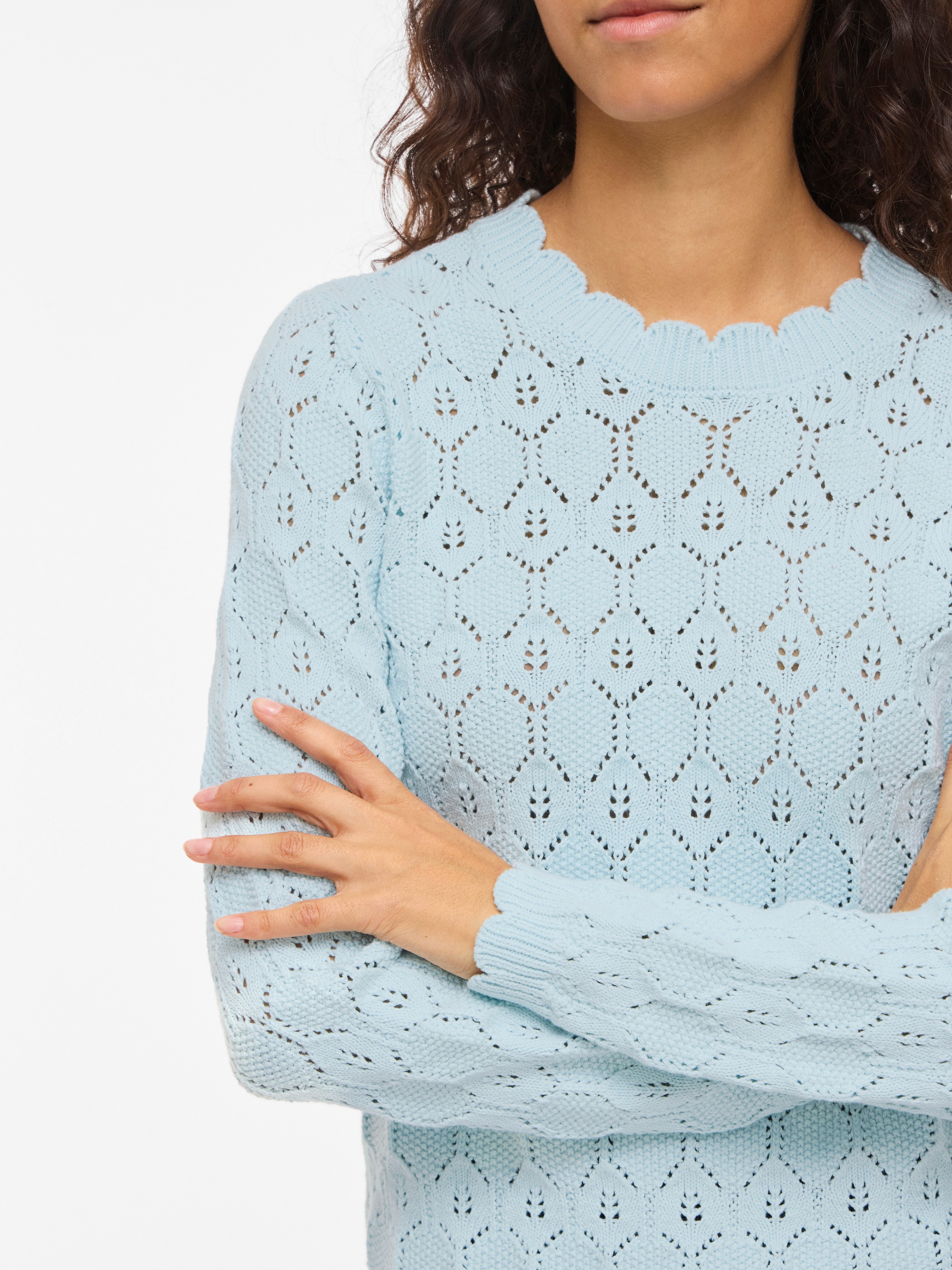 Rundhalspullover VILA "VILOWEN L/S POINTELLE KNIT TOP/PB", Damen, Gr. XS, nantucket breeze, Strick, Obermaterial: 90% Baumwolle, 10% Nylon, unifarben, normal, Rundhals, Pullover Rundhalspullover 5