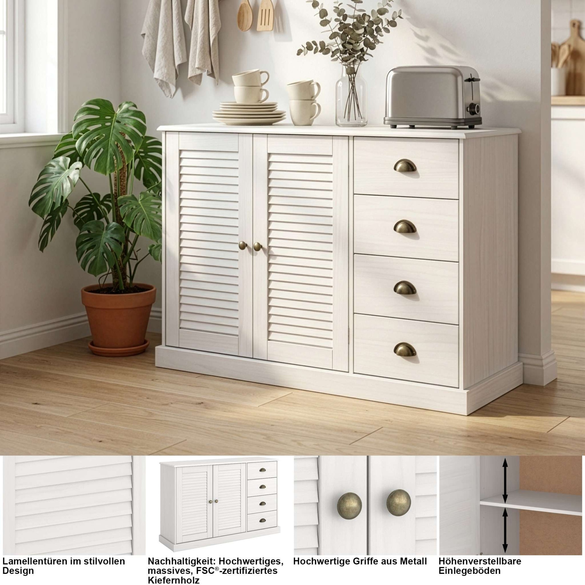 OTTO home Sideboard »Turia, mit Lamellentüren« Kommode aus massivem Kiefernholz, FSC®, 4 Schubkasten, Breite 125 cm