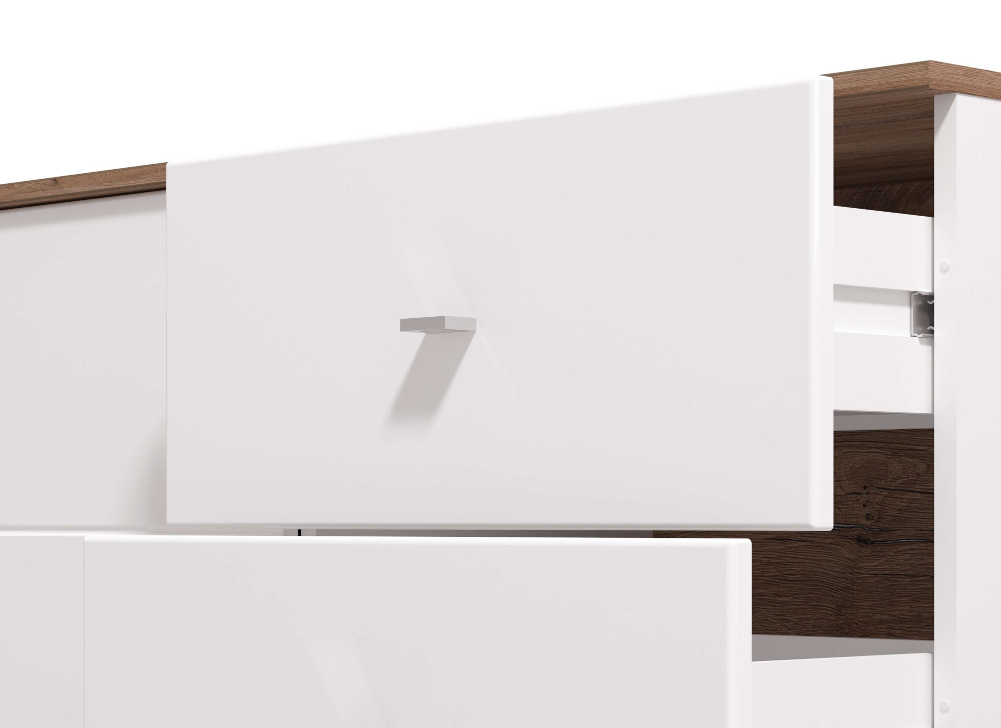 INOSIGN Kommode »Burgundy Sideboard, Schubladenschrank, mit viel Stauraum«, Hochglanzfronten und eine Innenausstattung in Flagstaff Eiche