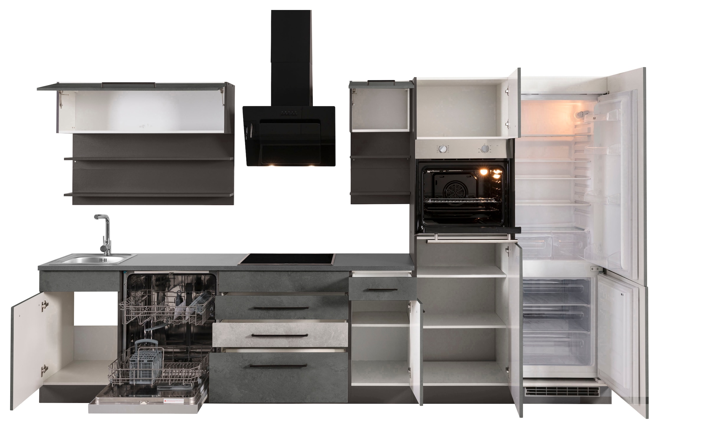 KOCHSTATION Küchenzeile »KS-Tulsa«, ohne E-Geräte, Breite 350 cm, schwarze Metallgriffe, MDF Fronten