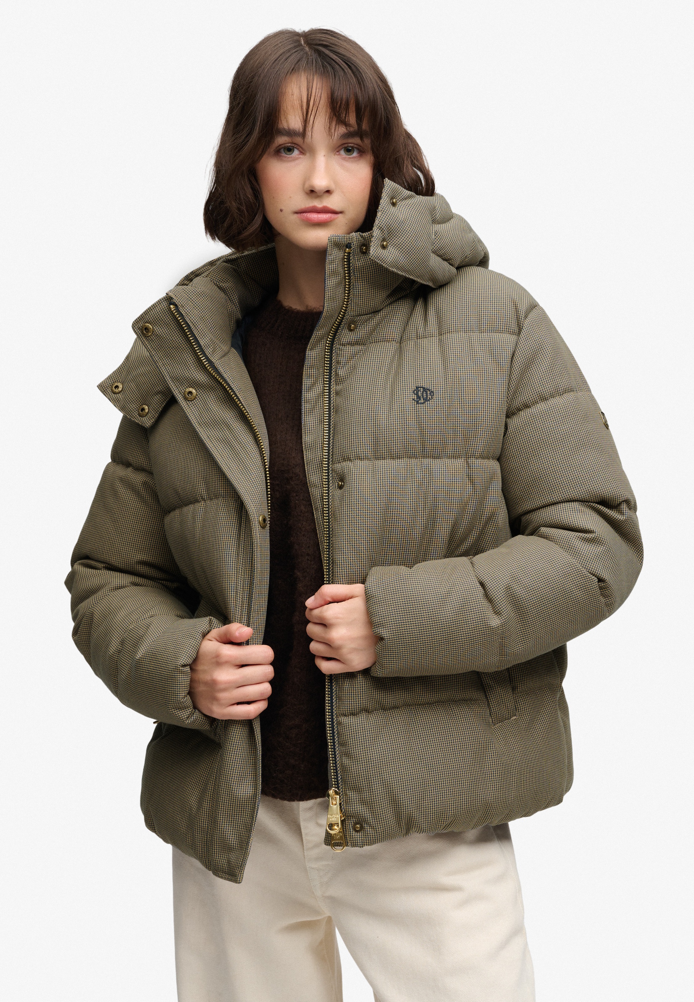 Superdry Steppjacke »PREMIUM HOOD CHECK PUFFER JKT« mit Kapuze Materialmix, relaxed fit, außen aus Webstoff mit Hahnentritt-Muster