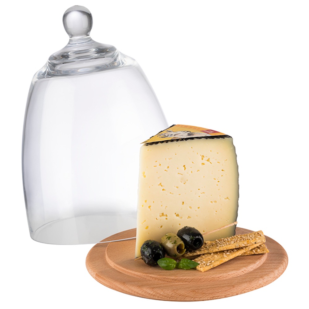 APS Käseglocke, Ø 18,5 cm, Glas, Buchenholz, für Früchte, Gemüse, Aufschnitt u. Käse