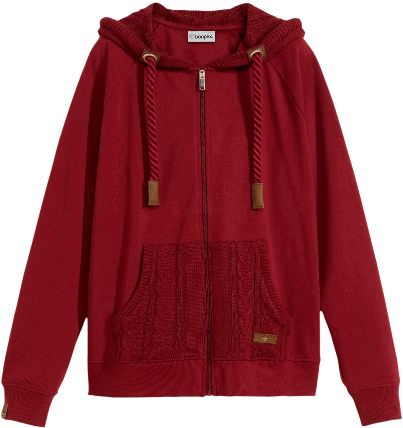 bonprix Kapuzensweatjacke »Sweatjacke mit Strickkapuze und Tasche« mit Strickkapuze, mit Reißverschluss, aus Baumwollmischung