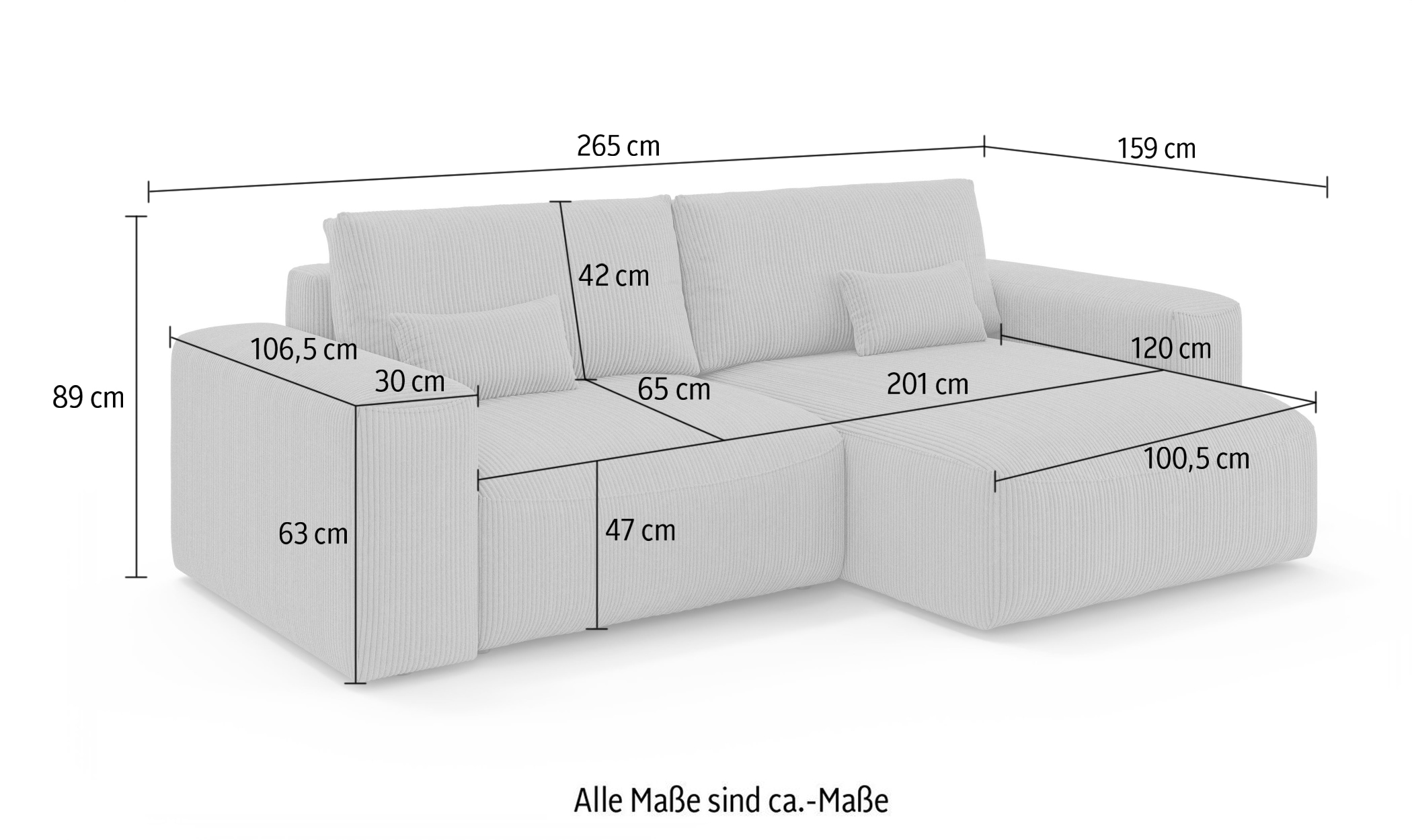 OTTO home Ecksofa »MATTS Schlafsofa mit Bettkasten, Maße B/T/H: 265/159/89 cm«, L-Form mit Recamiere rechts oder links, hoher Sitzkomfort